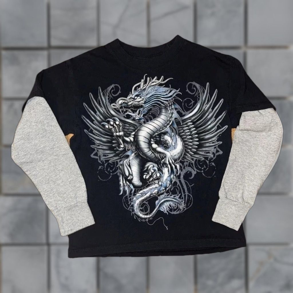 Vintage VINTAGE Dragon T-Shirt XS Blue Layered Sleeve Long Sleeve Y2K Dragon Graphic Ed Hardy Style 2000s Shirt Mens Girls Teens 15x18 Size US XS / EU 42 / 0 - 1 Thumbnail