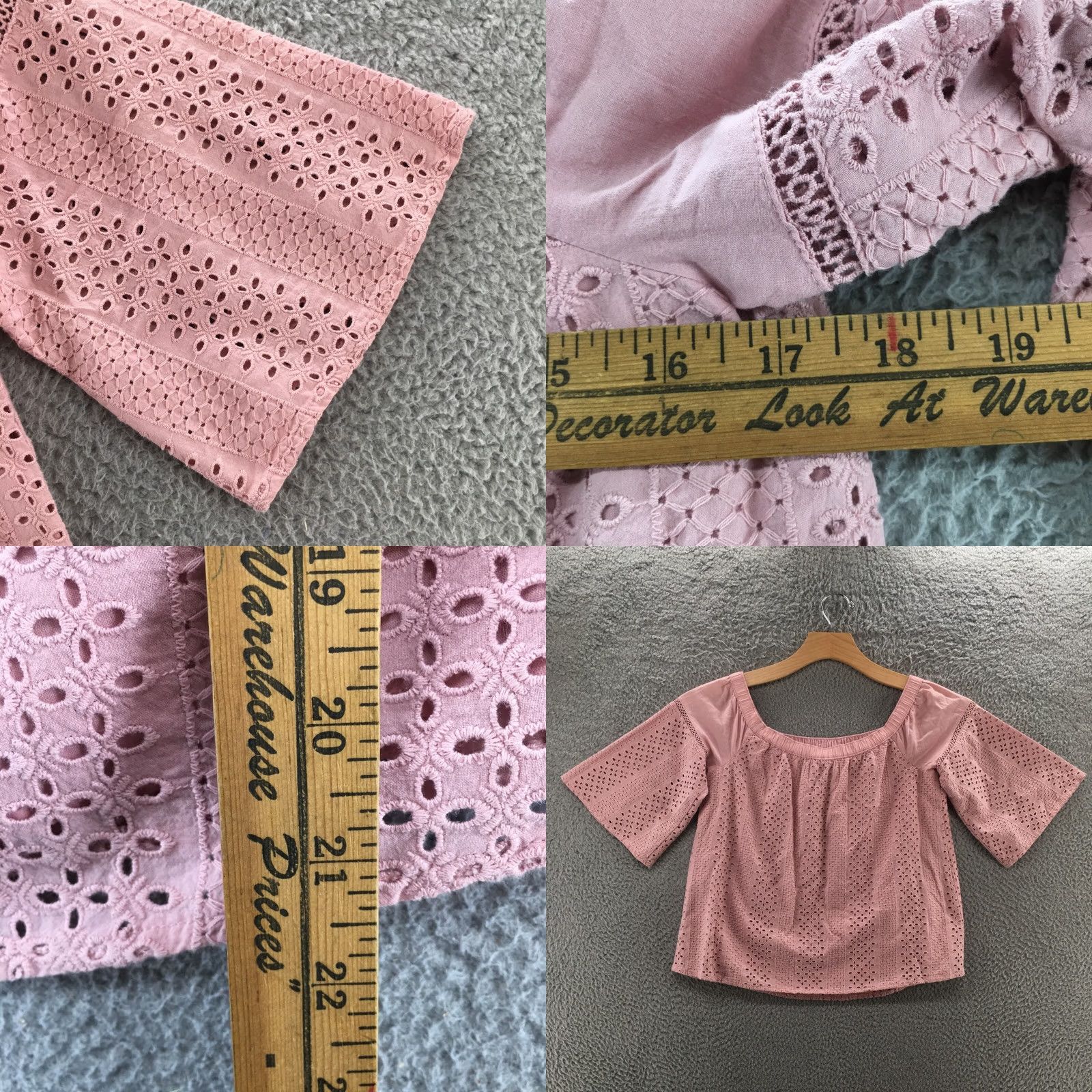 Abercrombie & Fitch Abercrombie & Fitch Off The Shoulder Blouse Top Womens S Pink Eyelet Boho Casual Shirt Short Sleeve Bell Sleeve Regular Fit Womens Size S / US 4 / IT 40 - 8 Thumbnail