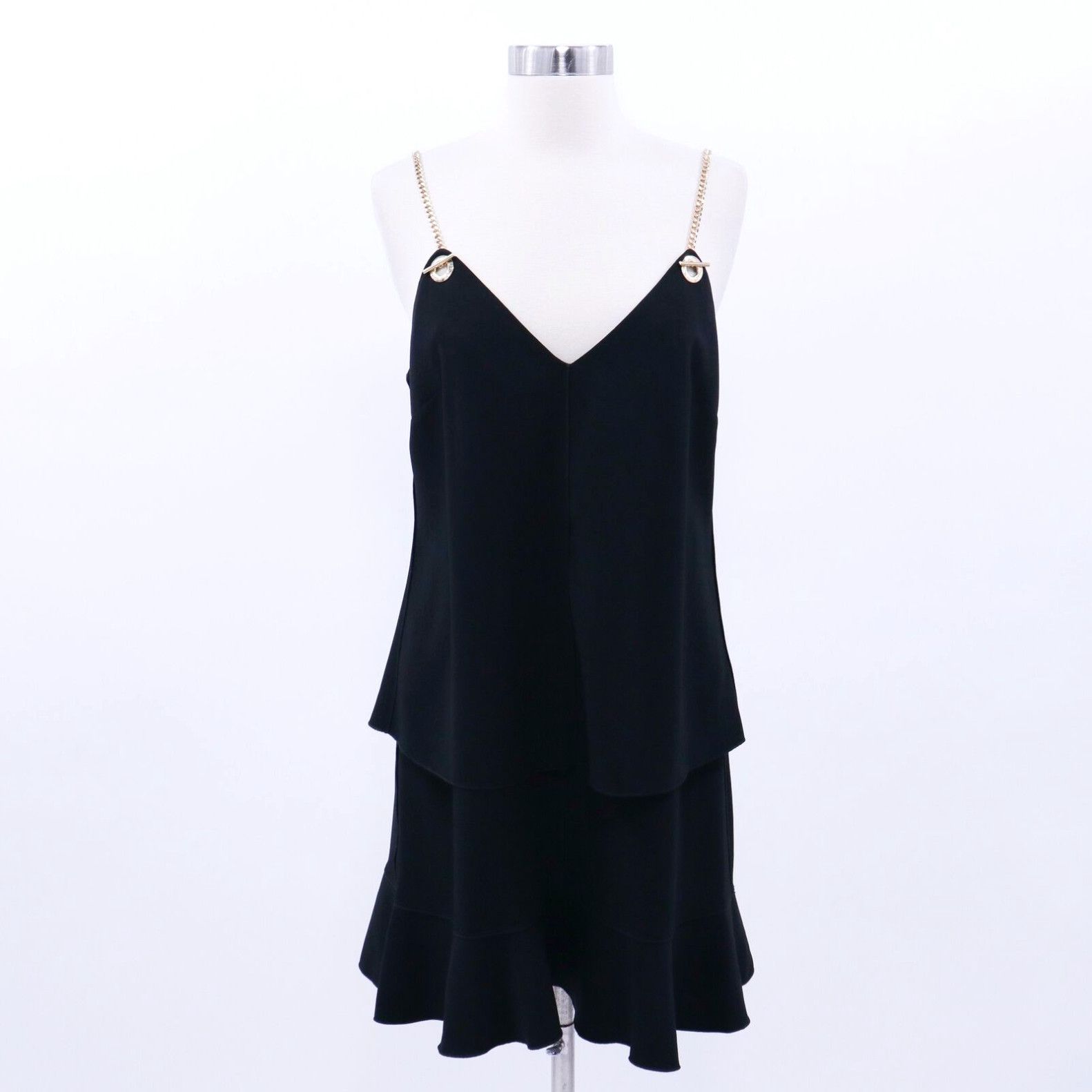 image of Derek Lam 10 Crosby Dress Cami Flounce Womens 8 Black Gold Shain Straps Layered in White (Size Medi