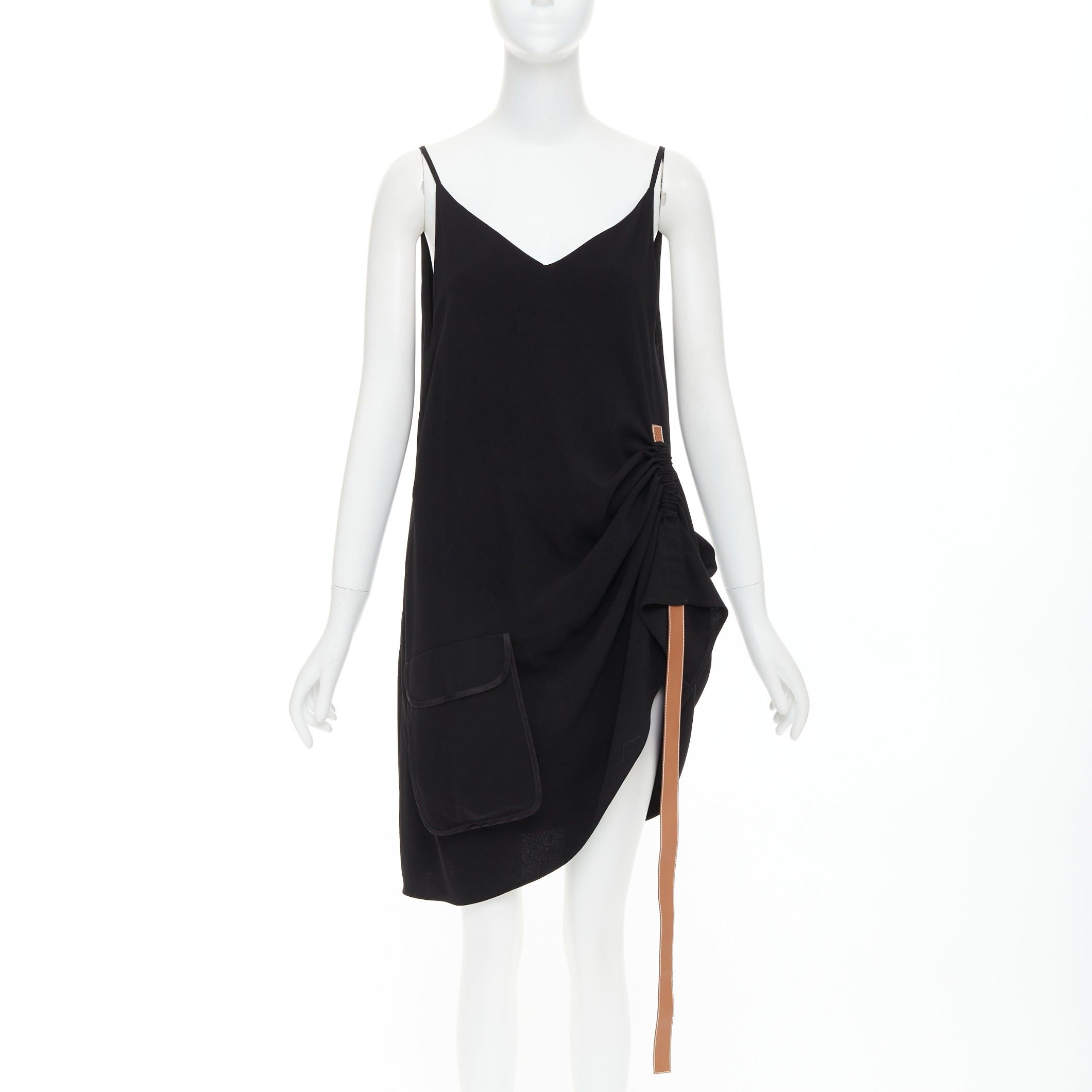 LOEWE black crepe brown anagram leather gathered side dress XS