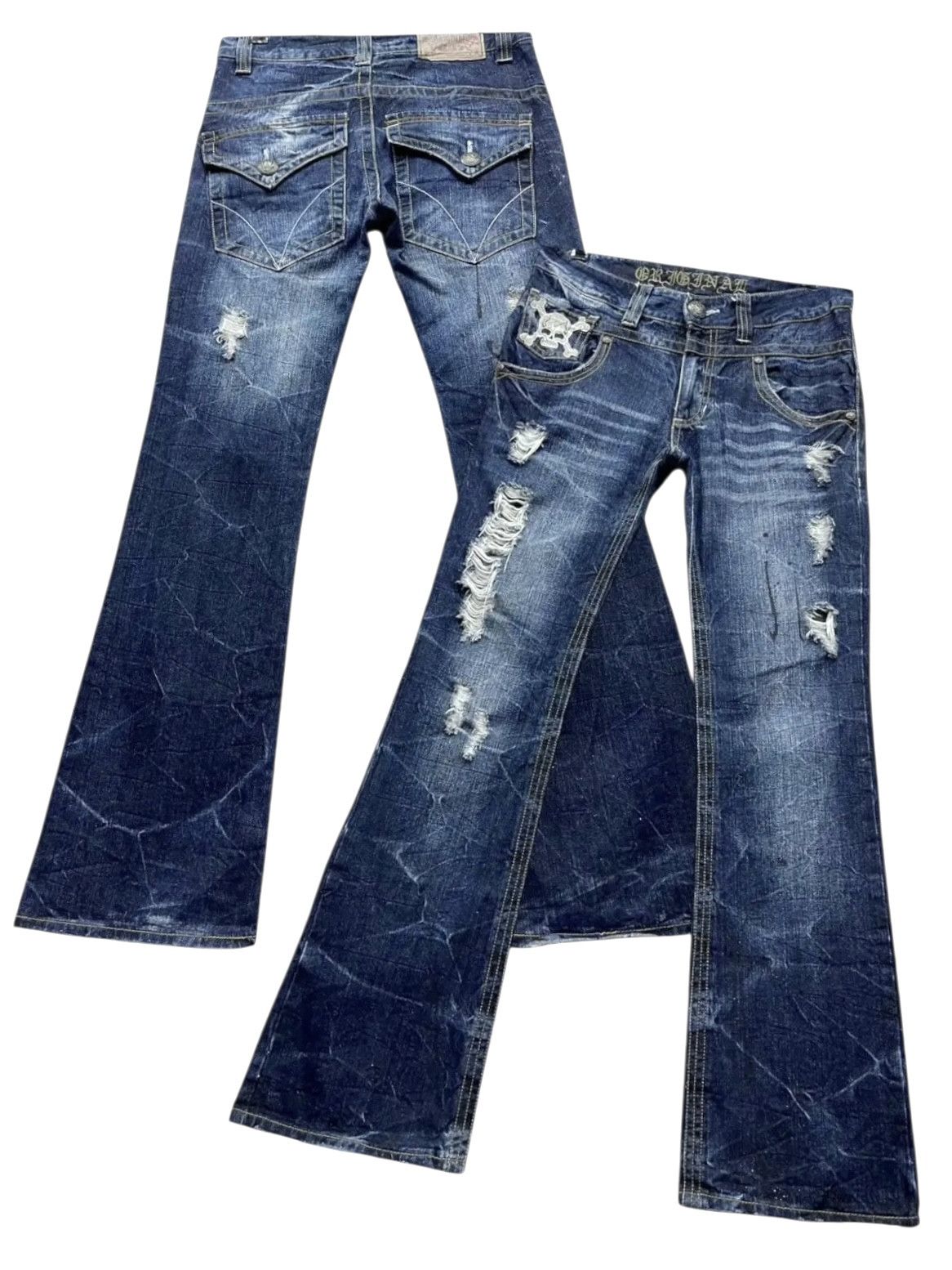 Japanese Brand FYE FLARE🔥Skull Embroidery Distressed Ripped Denim Pants Size US 31 - 1 Thumbnail