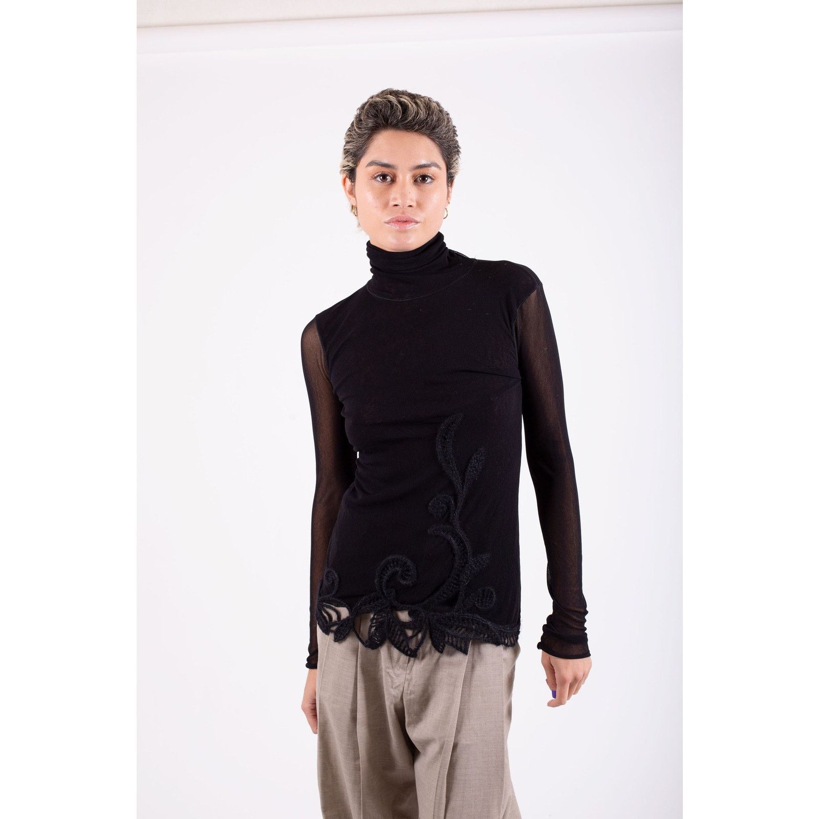 FUZZI Vintage FUZZI Double Layered Mesh Floral Crochet Turtleneck Size L / US 10 / IT 46 - 3 Thumbnail