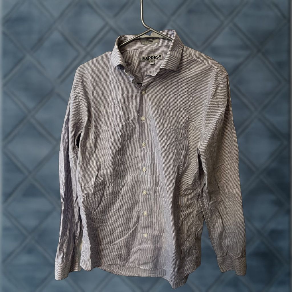 Express Express Mens Button-Up Shirt M Purple Striped Cotton Knit Long Sleeve Regular Fit Size US M / EU 48-50 / 2 - 1 Thumbnail