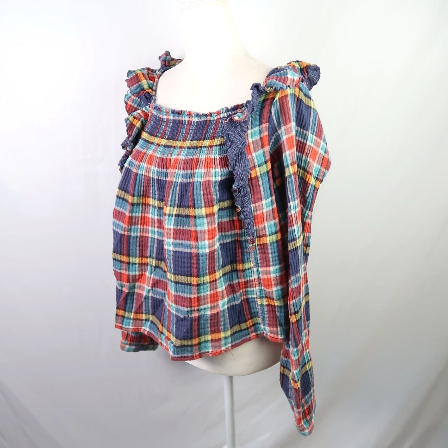 Free People Free People Siena Navy Blue and Red Plaid Ruffle Pullover Top L Women Long Sleeve Square Neck Casual Blouse Shirts Autumn Fall? Size L / US 10 / IT 46 - 3 Thumbnail