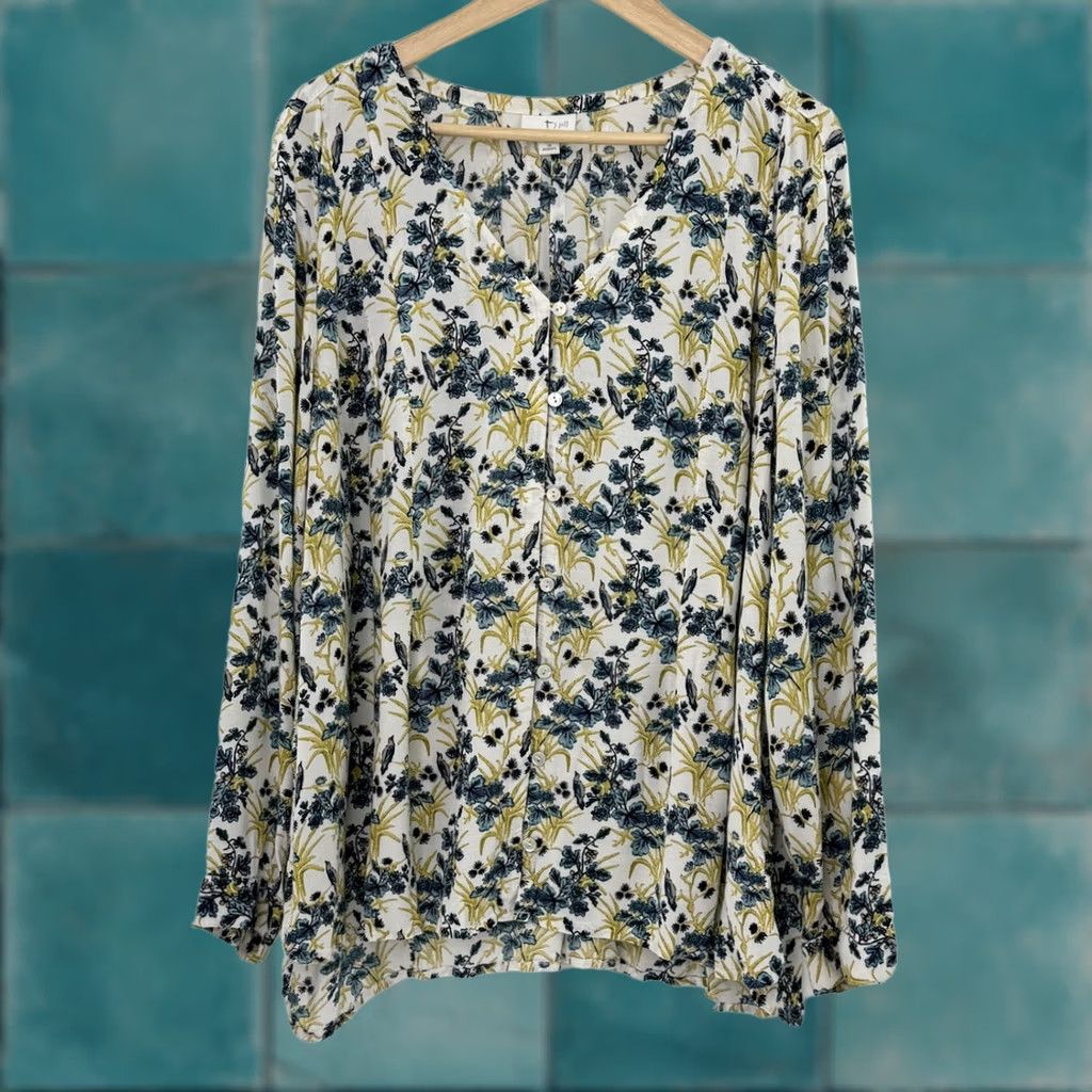 J. Jill J.Jill Blouse Womens Plus 3x Blue Yellow Floral Button Front Long Sleeve Rayon Size XXL / US 16-18 / IT 52-54 - 1 Thumbnail