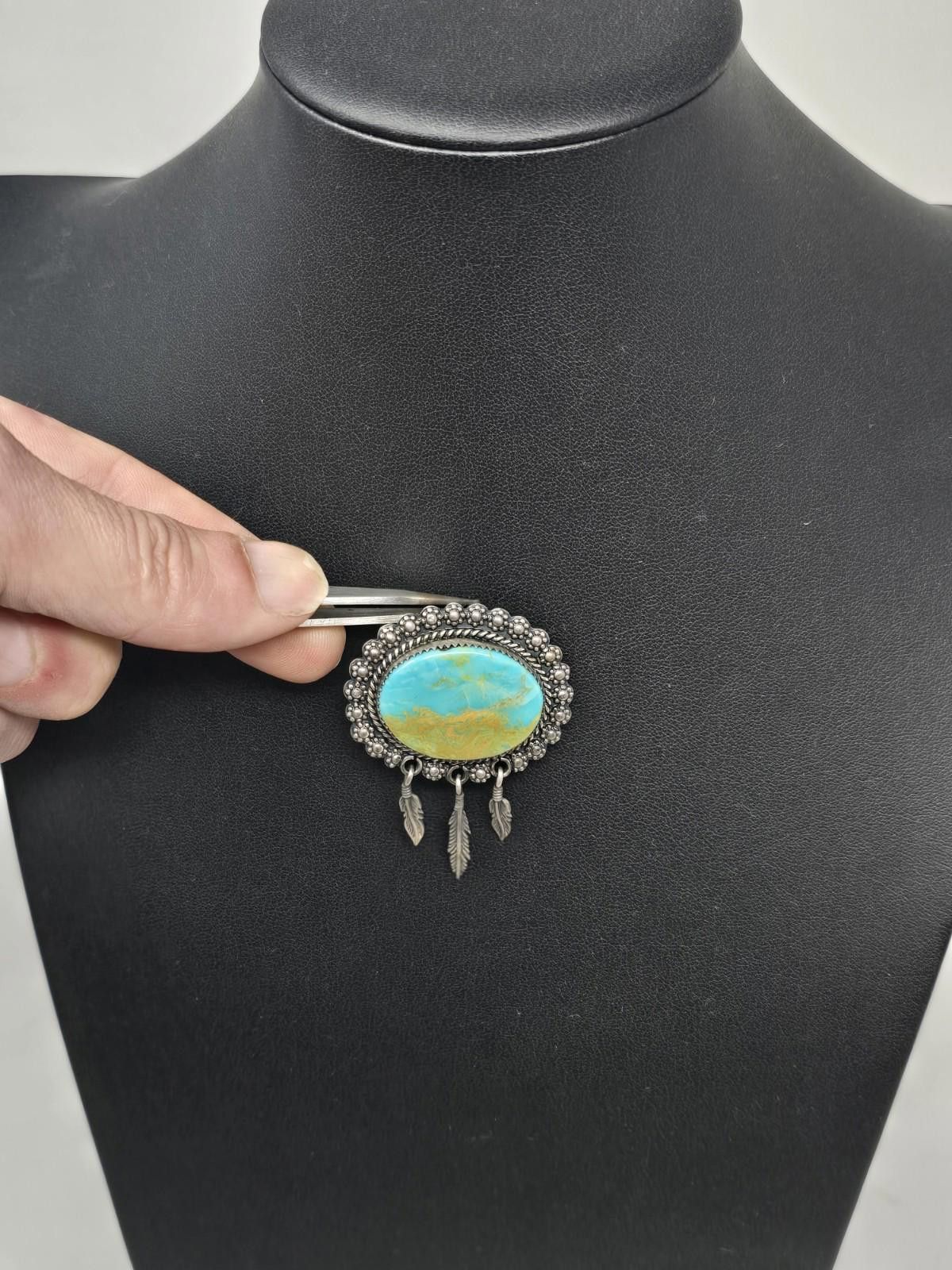 Other Native American 925 Silver Turquoise Feather Pin Pendant Size ONE SIZE - 4 Thumbnail