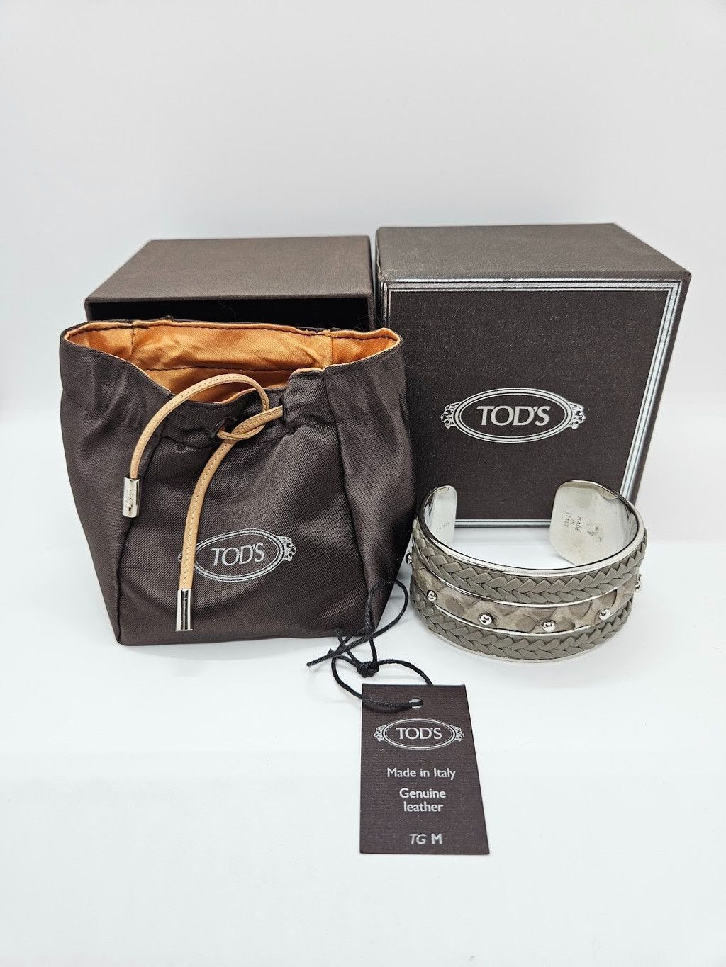 Tod’s Gray Woven Leather Snakeskin Studs Cuff Bracelet, Women's — image 2 of 6