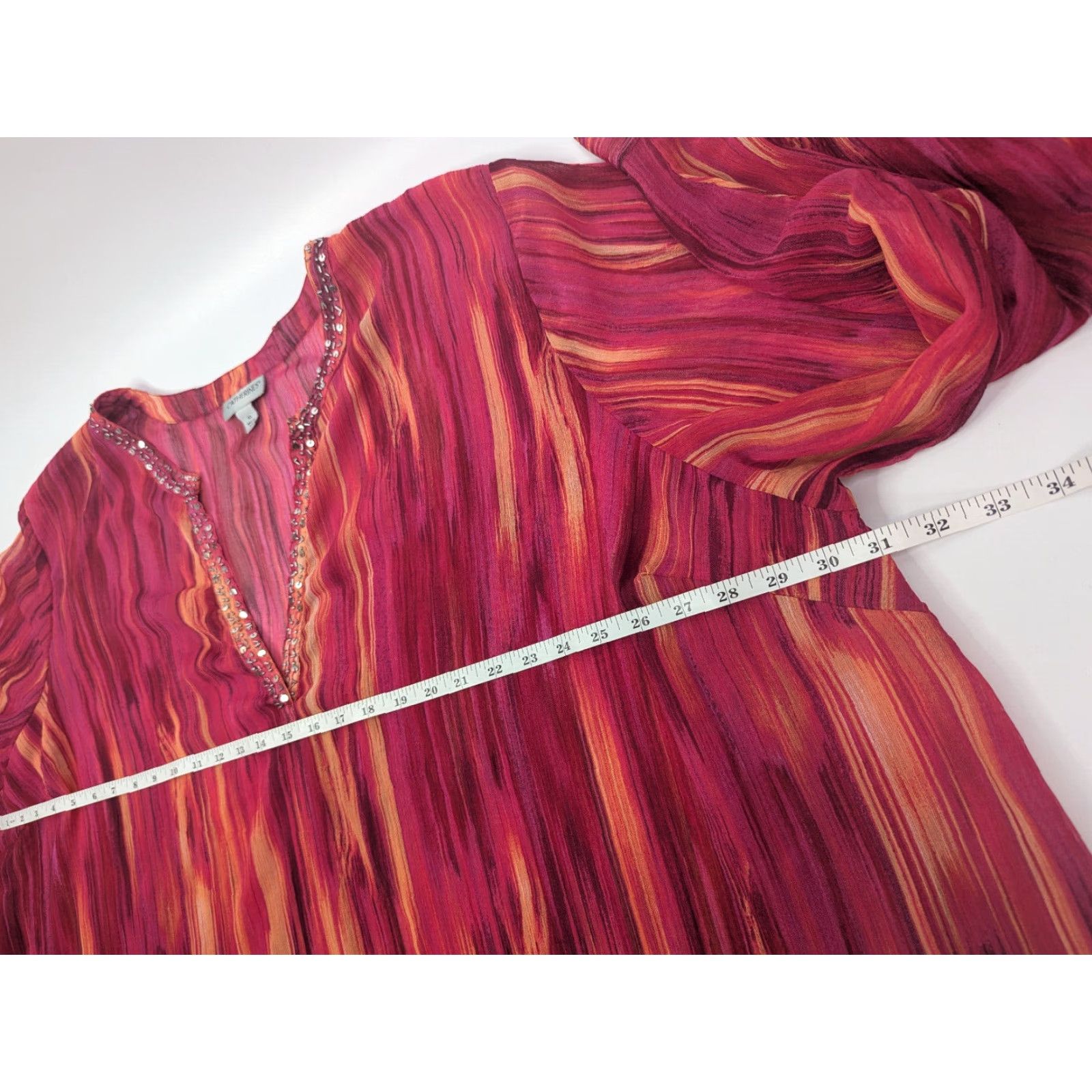 Vintage Catherines Pink Burst Ikat Texture Beaded Sequin Tunic Top 4X Pink Red Chiffon Long Sleeve V-Neck Pullover Blouse Plus Size Women Mens? Size XXL / US 16-18 / IT 52-54 - 5 Thumbnail