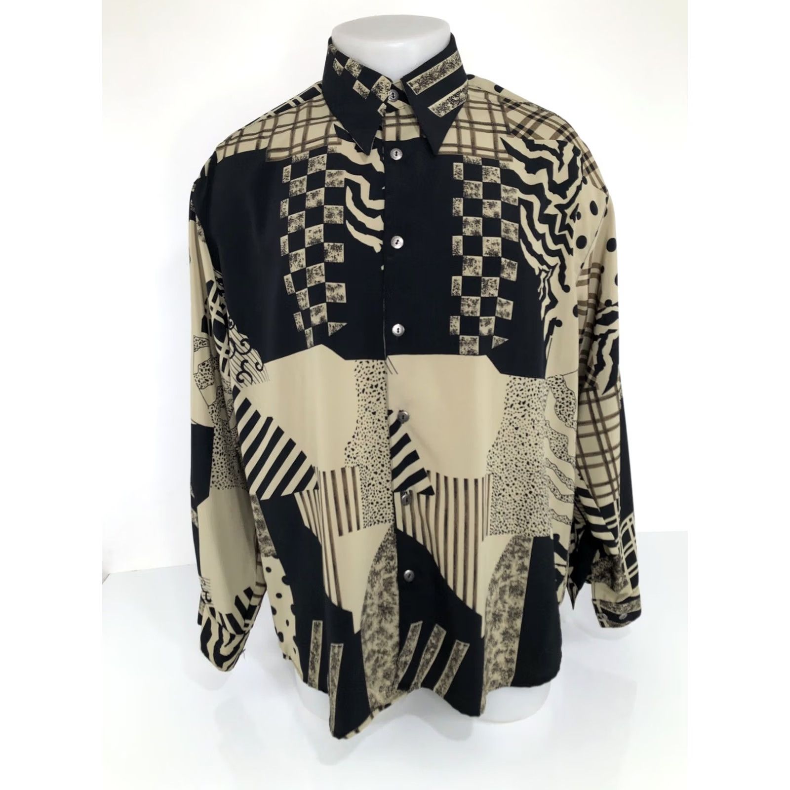Vintage SANGI USA - 1990s Vintage Geometric Mens Shirt Md/Lg - Button-Up Long Sleeve Black / Tan Mens Size US M / EU 48-50 / 2 - 2 Thumbnail