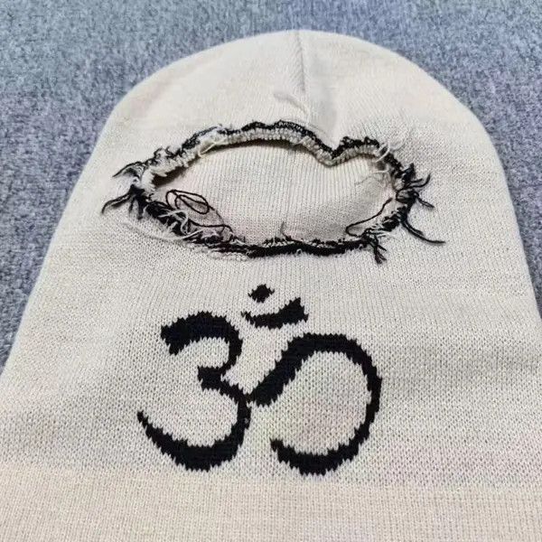 Other Aum Om Pray Symbol Distressed Knit Balaclava Ski Mask Beige Size ONE SIZE - 2 Thumbnail