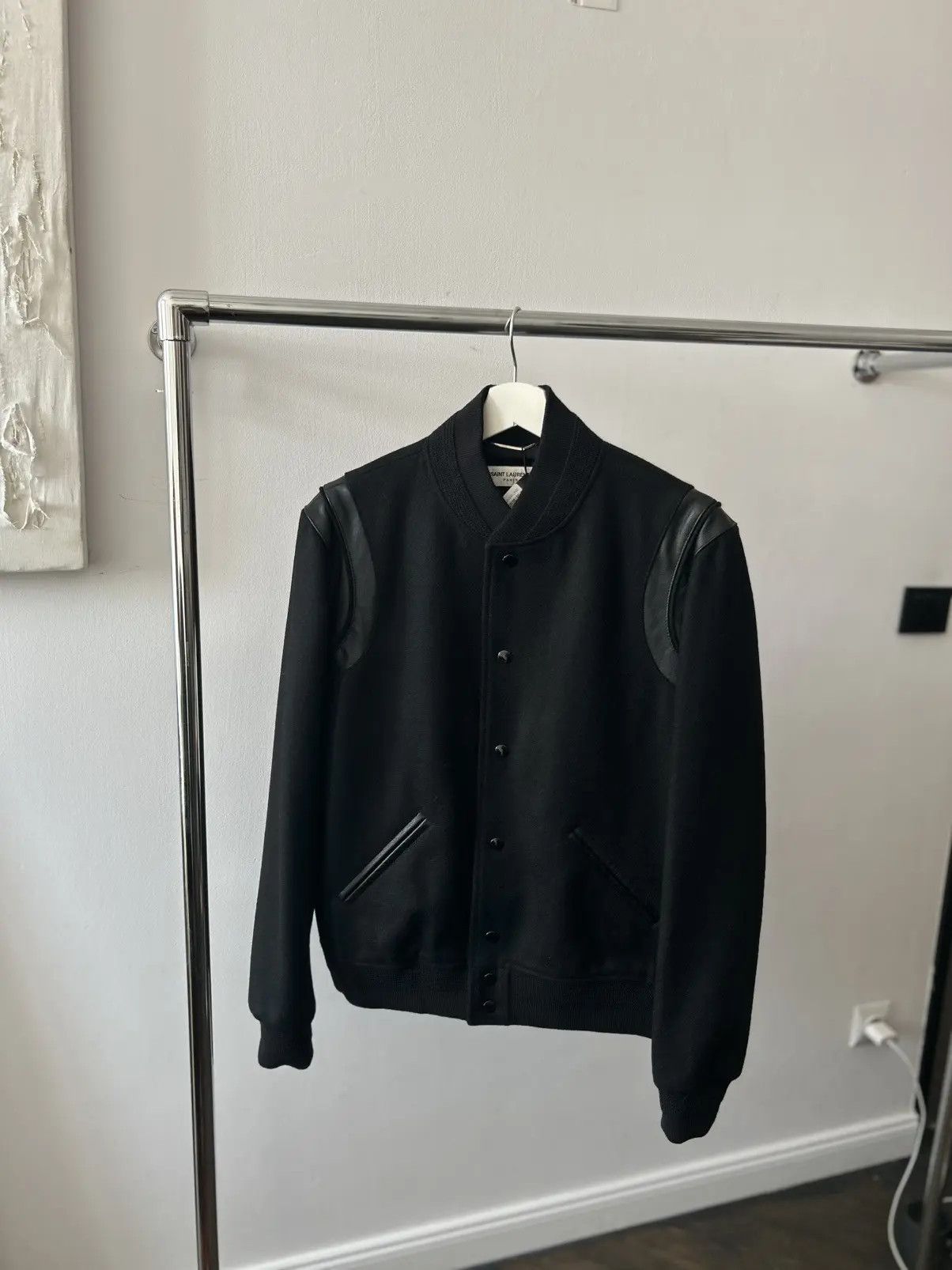 Sz 50 NWT Saint Laurent Teddy Wool Leather Varsity Jacket