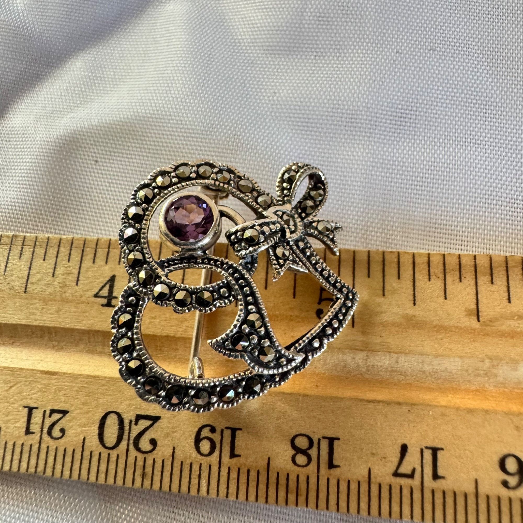 Vintage VTG Sterling Silver 925 Amethyst & Marcasite Scroll Heart Br Size ONE SIZE - 6 Thumbnail