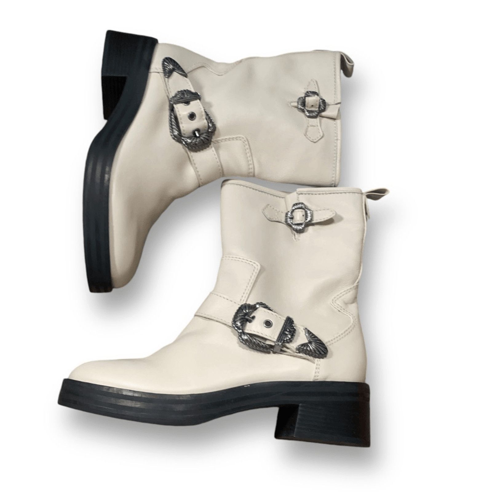 Larroude Larroude Hardy Moto Boot Cream Leather Western Buckle Ankle Size US 8.5 / IT 38.5 - 1 Thumbnail