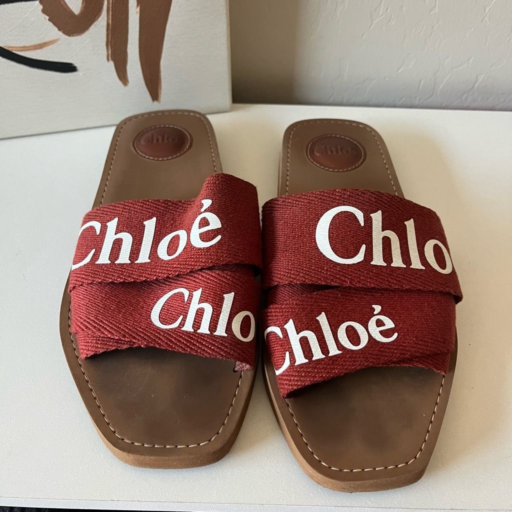 Chloe Woody Flat Slip On Mule Logo Sandals in Arizona Brown - Technical View