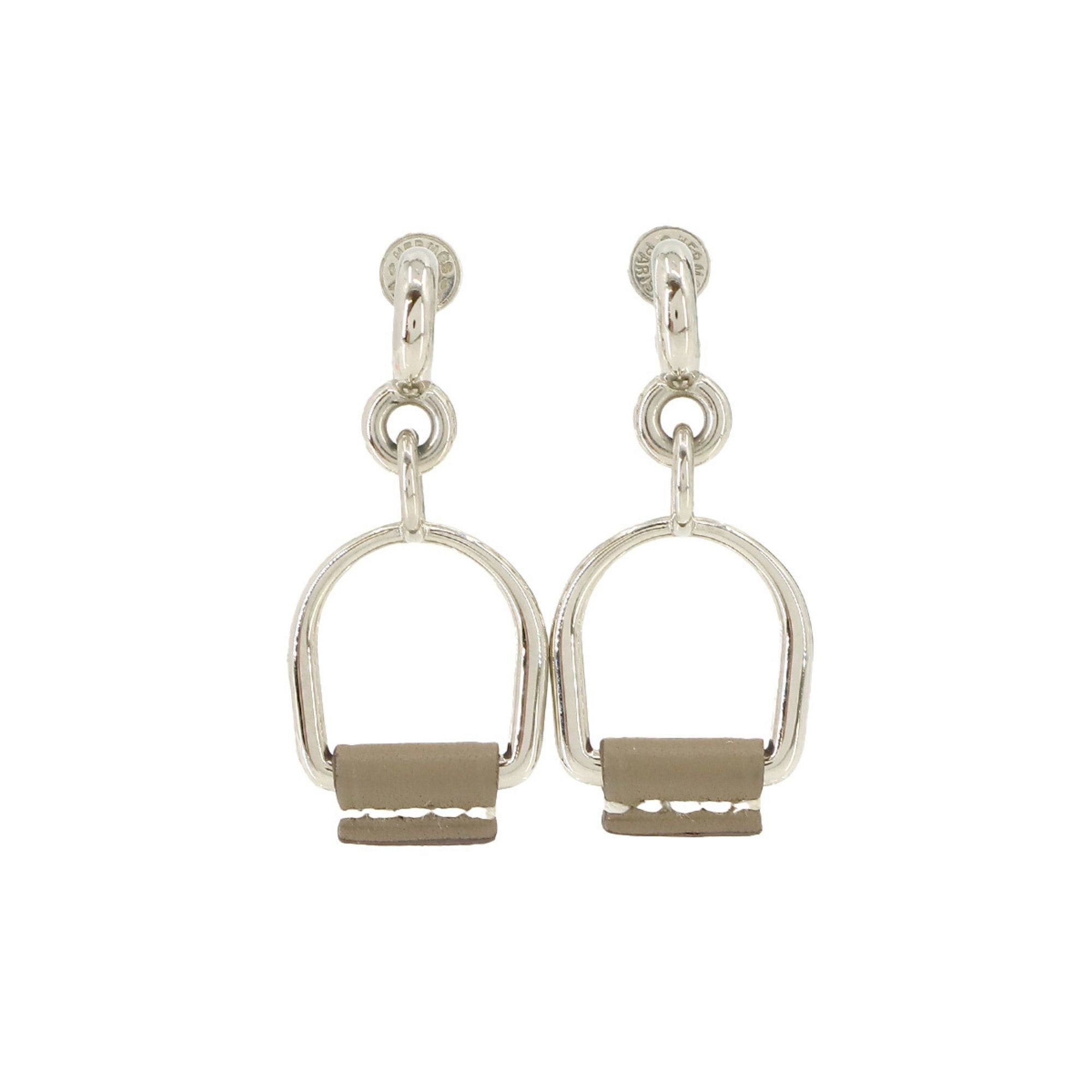 image of Hermes Heritage Equestre Etrier Pm Earrings Swift Etoupe Silver in Grey, Women's