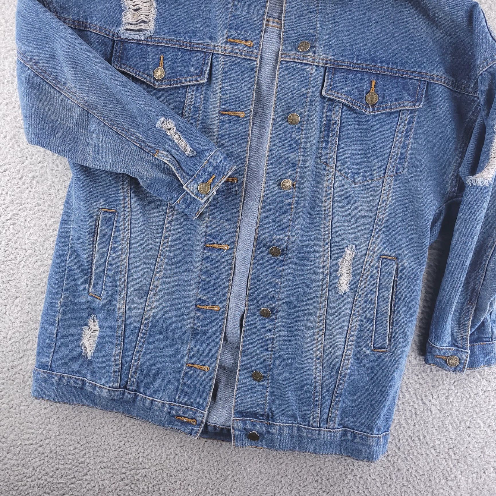 Boohoo Boohoo Denim Jacket Womens 12 Blue Distressed Grunge Long Jacket Cotton Denim Bomber Solid 12 Womens Size 34" / US 12 / IT 48 - 5 Thumbnail