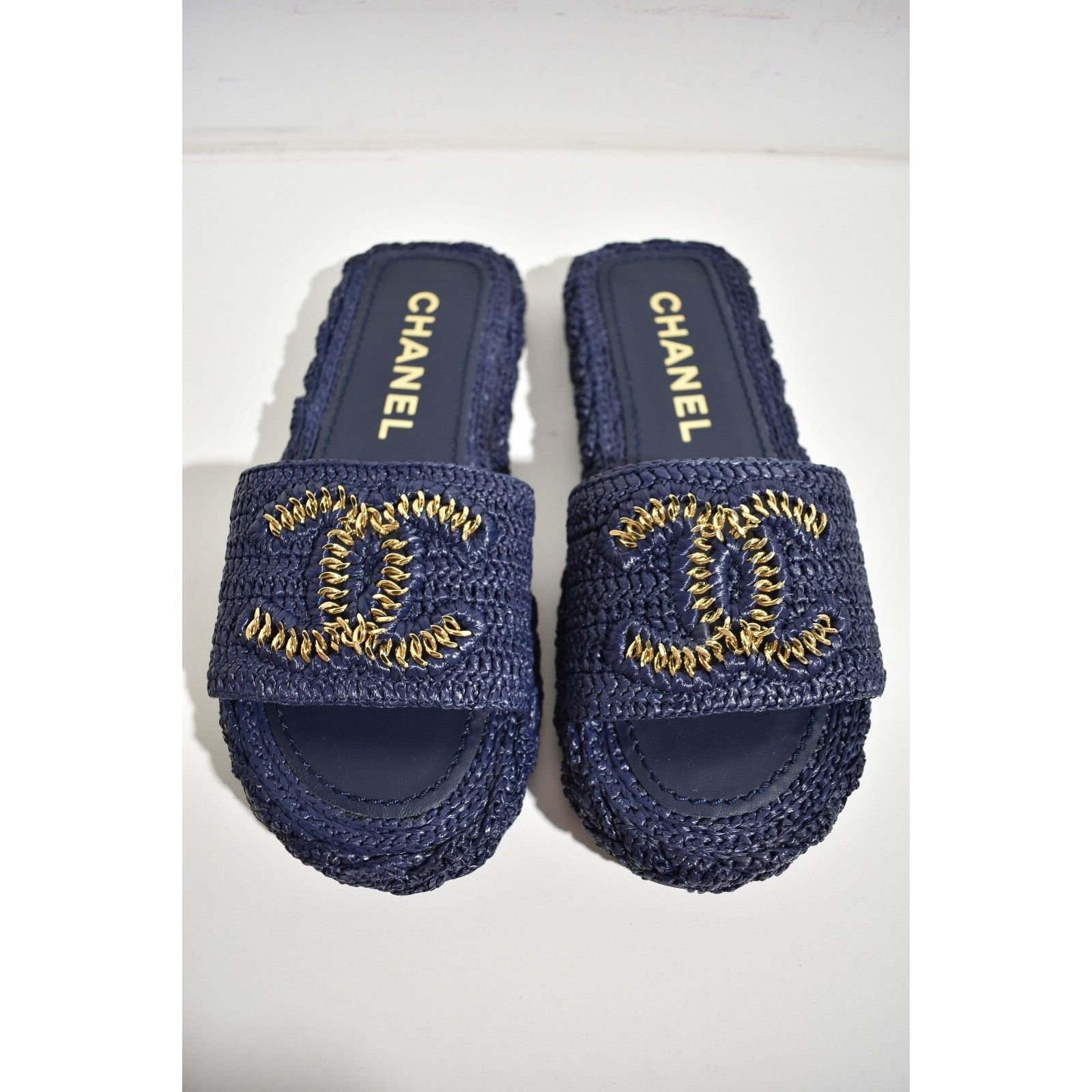 Chanel Chanel 21C Navy Blue Cord Gold Chain CC Logo Mule Slide Size US 7 / IT 37 - 8 Thumbnail