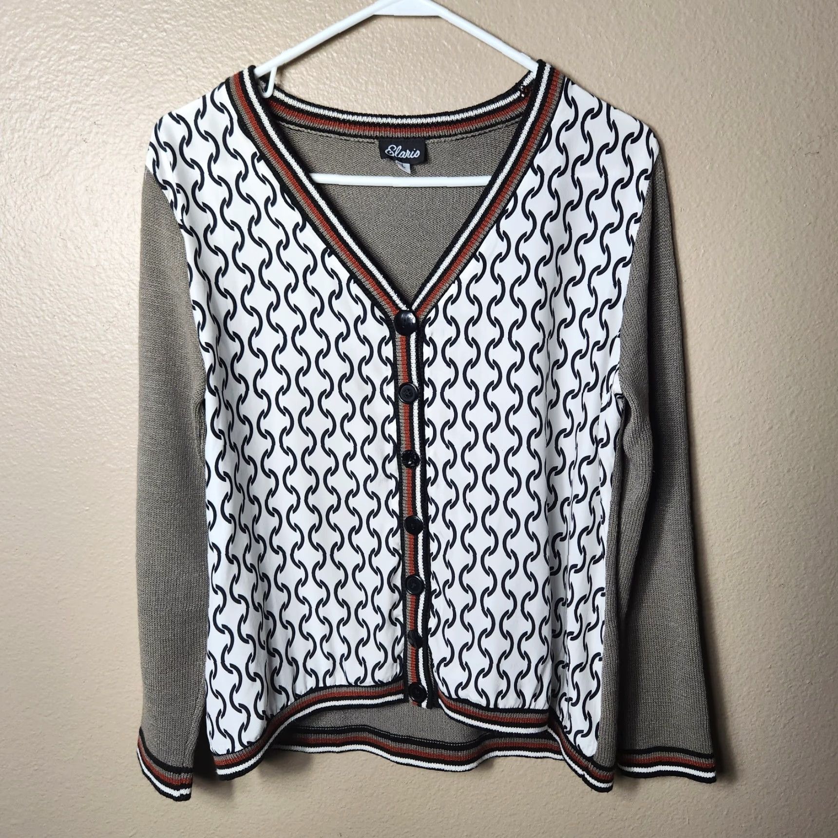 Vintage Elaris Satin Patterned Front Mixed Media Vneck Sweater Cardigan L Beige Ivory Womens Cardigan, Size L Size L / US 10 / IT 46 - 3 Thumbnail