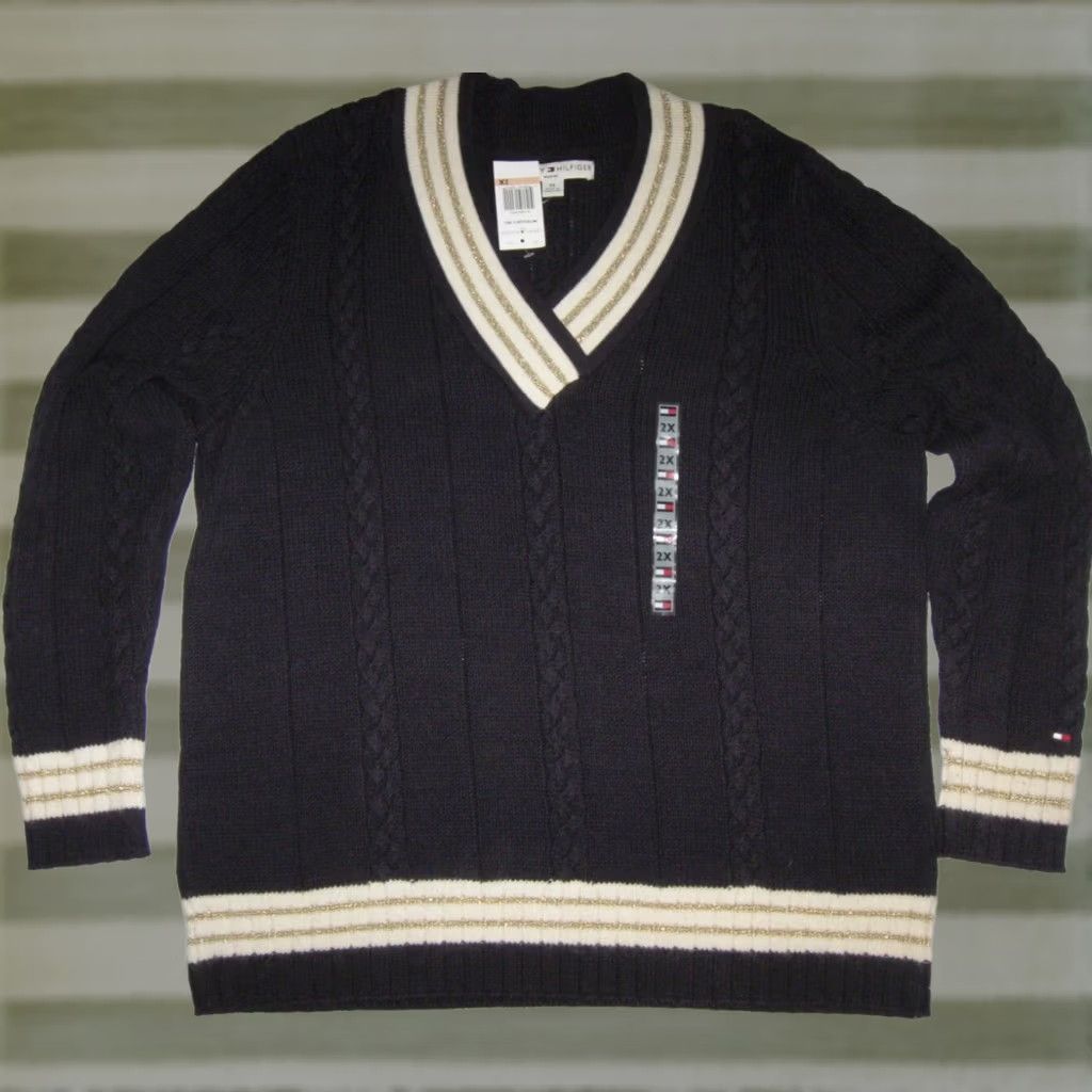 Tommy Hilfiger VINTAGE Tommy Hilfiger Sweater Cardigan V-Neck Women 2XL Blue Striped Knit Wool Acrylic Cotton Nylon TH Y2K Size XXL / US 16-18 / IT 52-54 - 1 Thumbnail