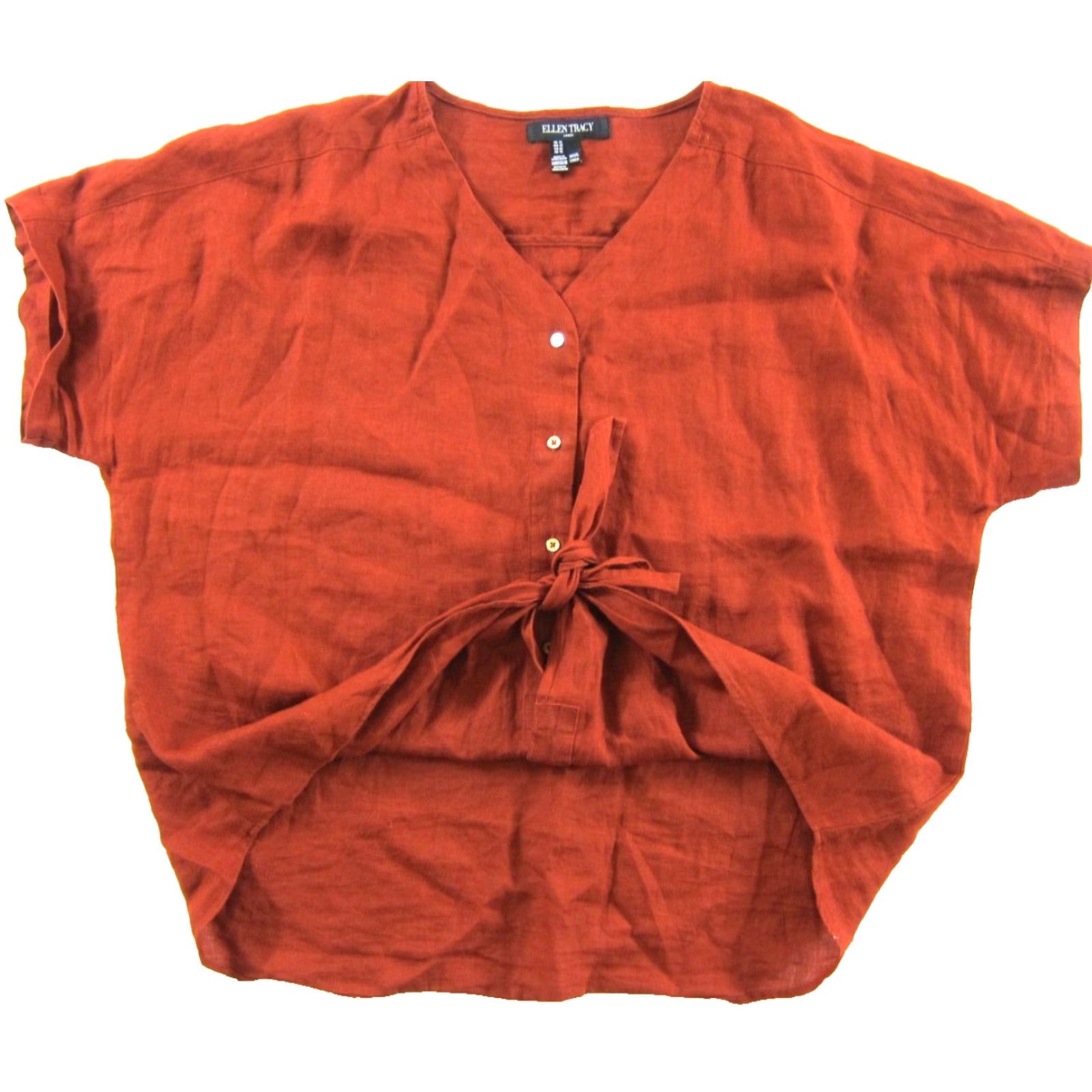 Ellen Tracy Ellen Tracy Blouse 100% Linen Orange Short Sleeve Button Down Tie Front 1X Size XL / US 12-14 / IT 48-50 - 4 Thumbnail