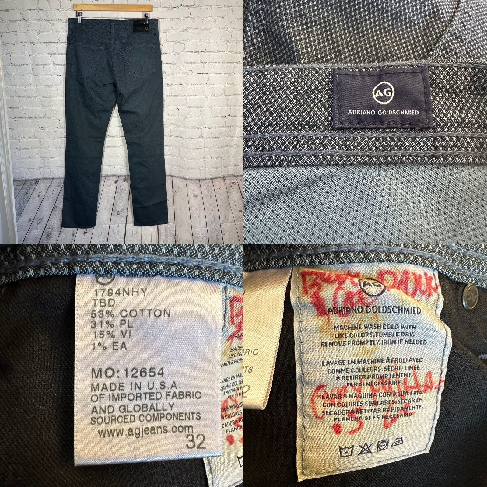 Vintage AG Adriano Goldschmied Mens Grey Micro Pattern Slim Straight Pants 31x32 Grey Geometric Logo 5-Pocket Chino pants Regular Mens Size US 31 - 8 Thumbnail