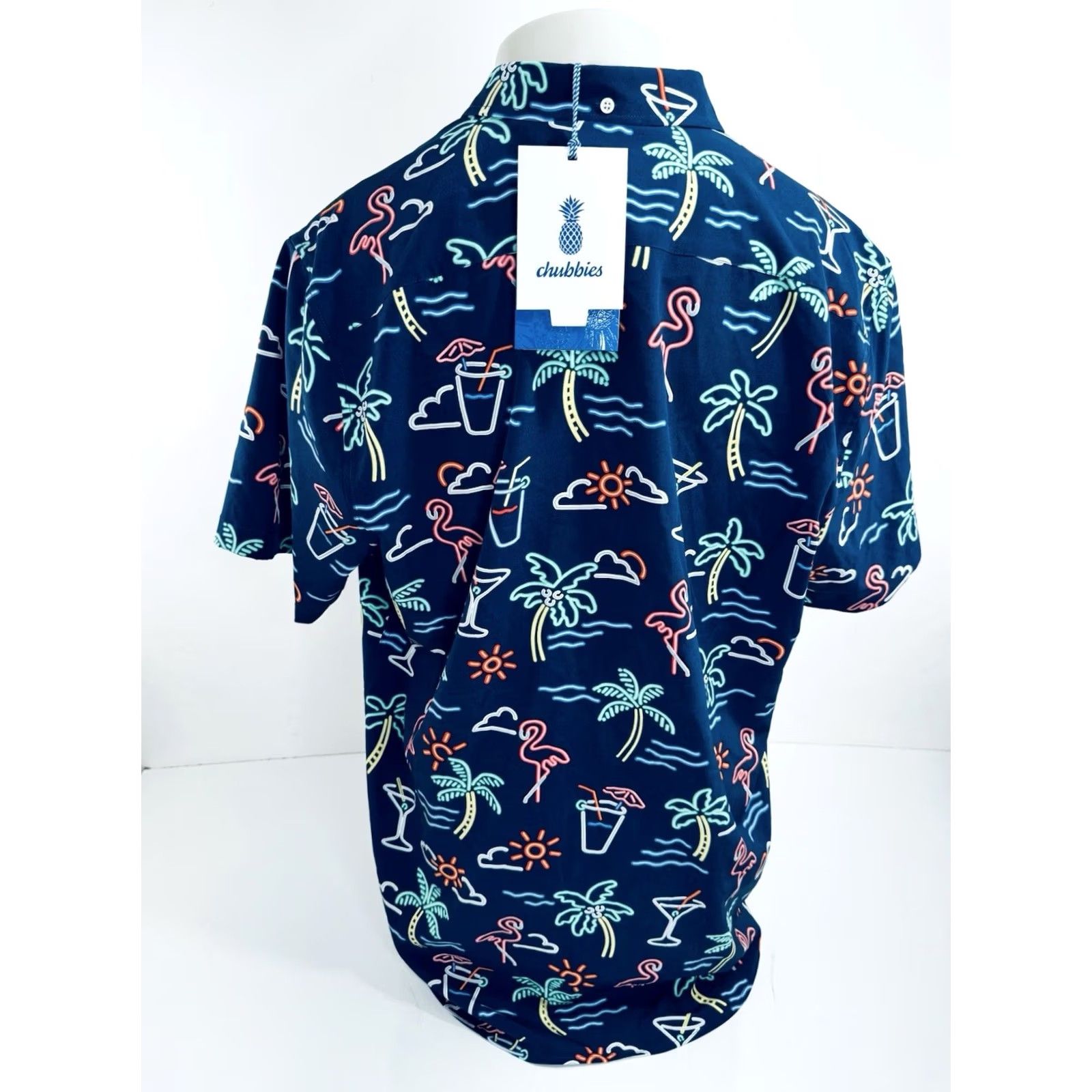 Chubbies Chubbies Shirt Mens 2XL Blue Hawaiian Flamingo Palm Neon Miami Aloha Button-Up Short Sleeve Size US XXL / EU 58 / 5 - 3 Thumbnail