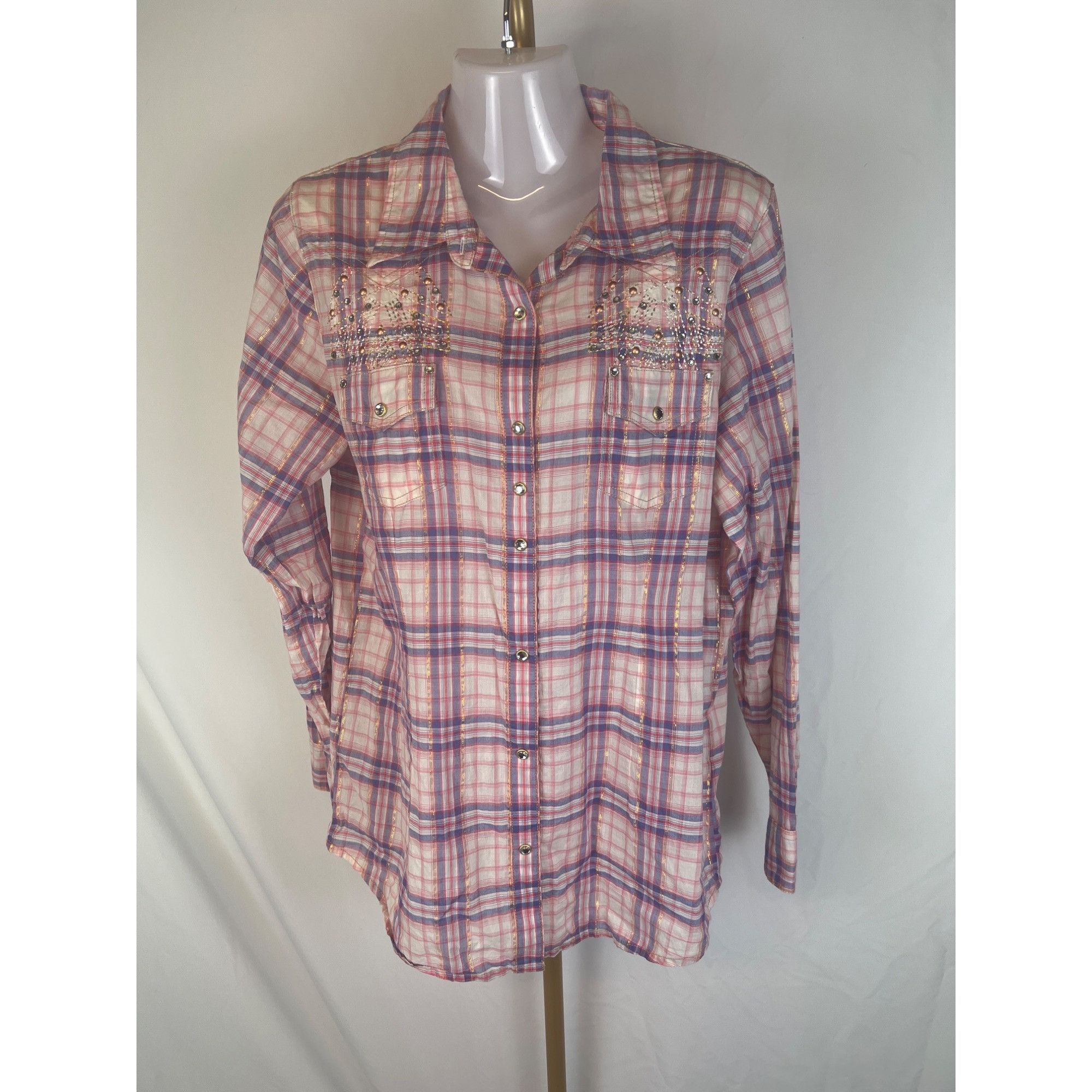 Wrangler Rock 47 By Wrangler Pink & Purple Plaid Long Sleeve Western Size L / US 10 / IT 46 - 1 Thumbnail