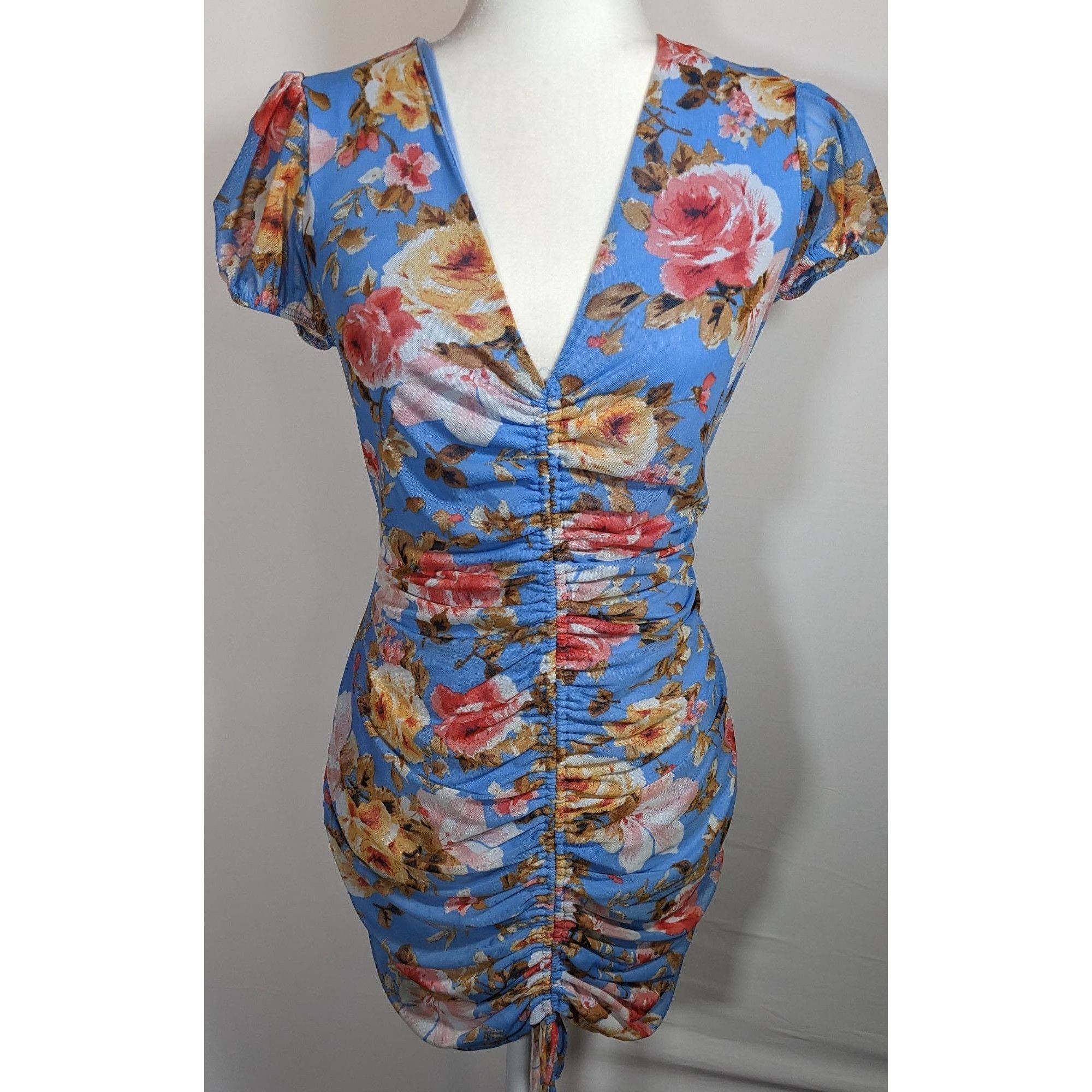 Other Abound Blue Floral V Neck Dress With Front Ruching Size M / US 6-8 / IT 42-44 - 4 Thumbnail