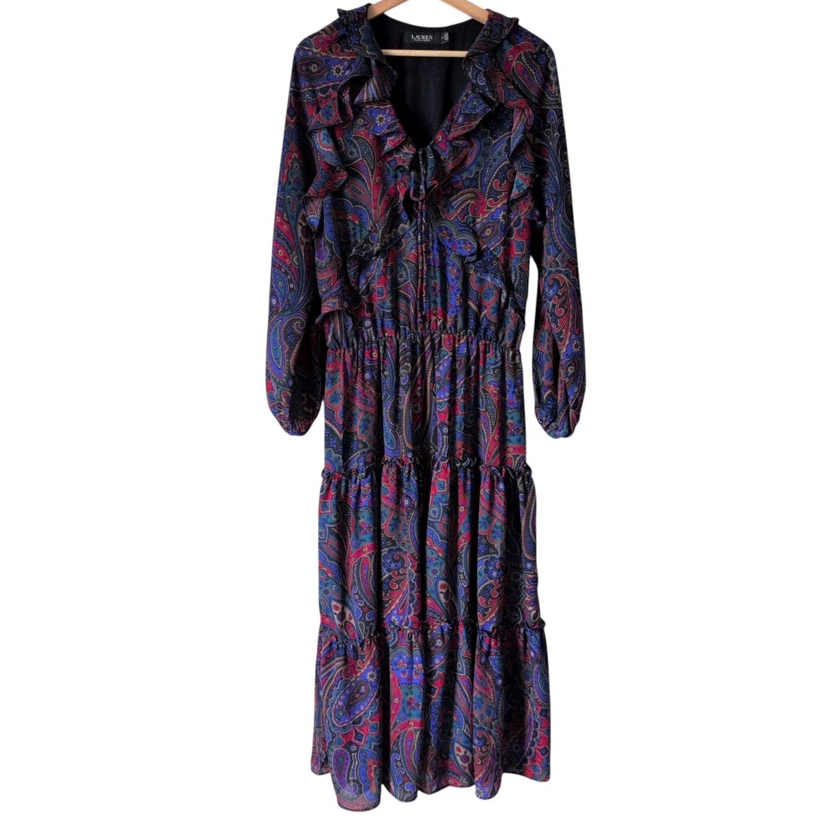 Ralph Lauren VINTAGE Ralph Lauren Maxi Dress 6 Blue Red Print Paisley Georgette Long-Sleeve Womens Girls Size M / US 6-8 / IT 42-44 - 7 Thumbnail