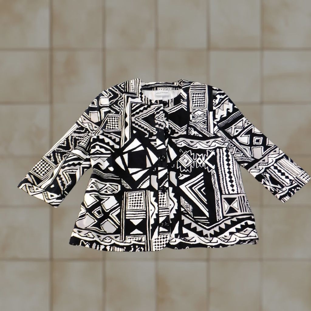 Vintage Alfred Dunner Blazer Shirt Jacket Womens 12P Black Geometric Button Mid-Length Open Casual Fall Spring Size XL / US 12-14 / IT 48-50 - 1 Thumbnail