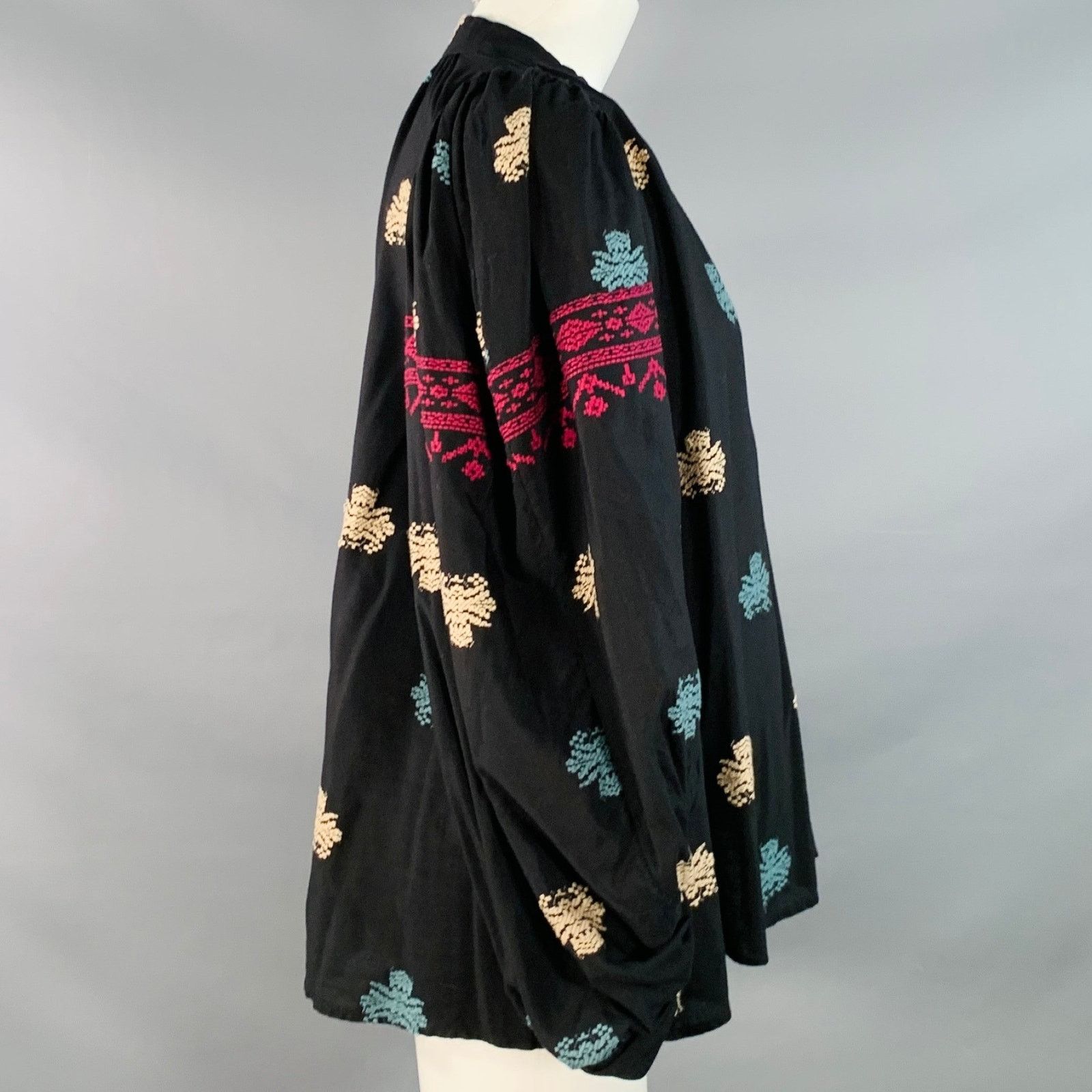 Vanessa Bruno Black Multi Color Cotton Embroidered V-Neck Tunic Blouse Size XS / US 0-2 / IT 36-38 - 3 Thumbnail