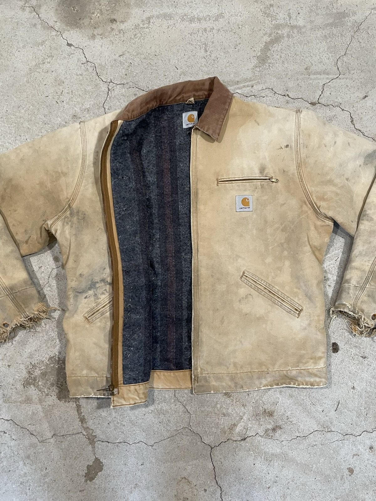 90s Carhartt Distressed Blanket Detroit Jacket in Rare Cool Grey discount Corduroy Collar