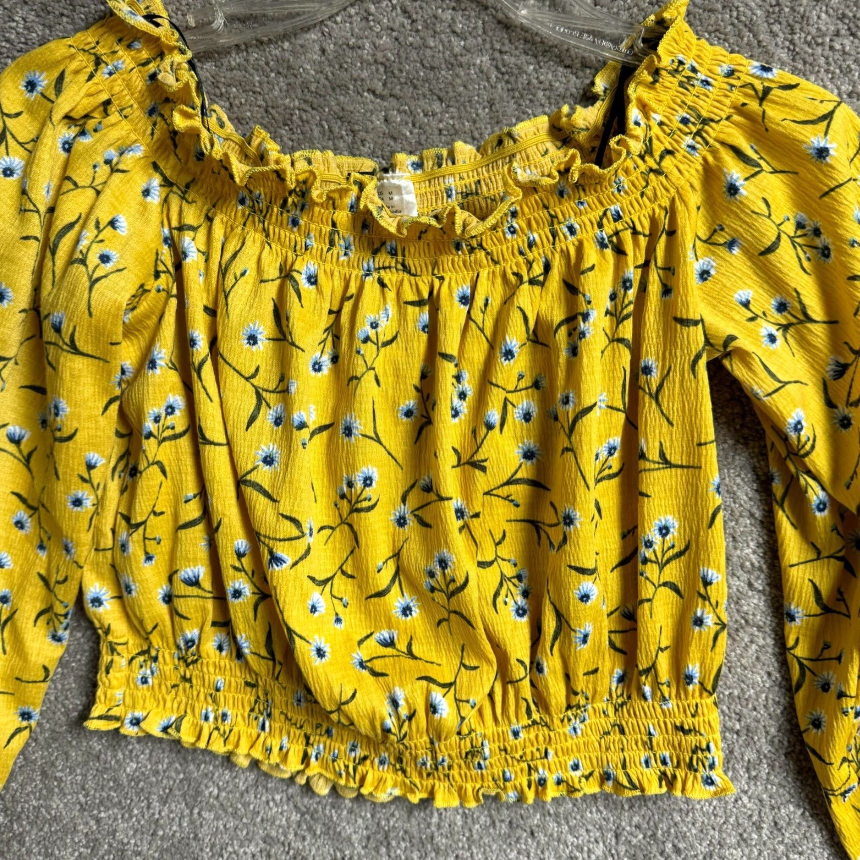 H&M H&M Divided Cropped Top Women M Floral Boho Cottagecore Peasant Smocked Off Shoulder Long Sleeve Yellow Cropped Blouse Size M / US 6-8 / IT 42-44 - 3 Thumbnail