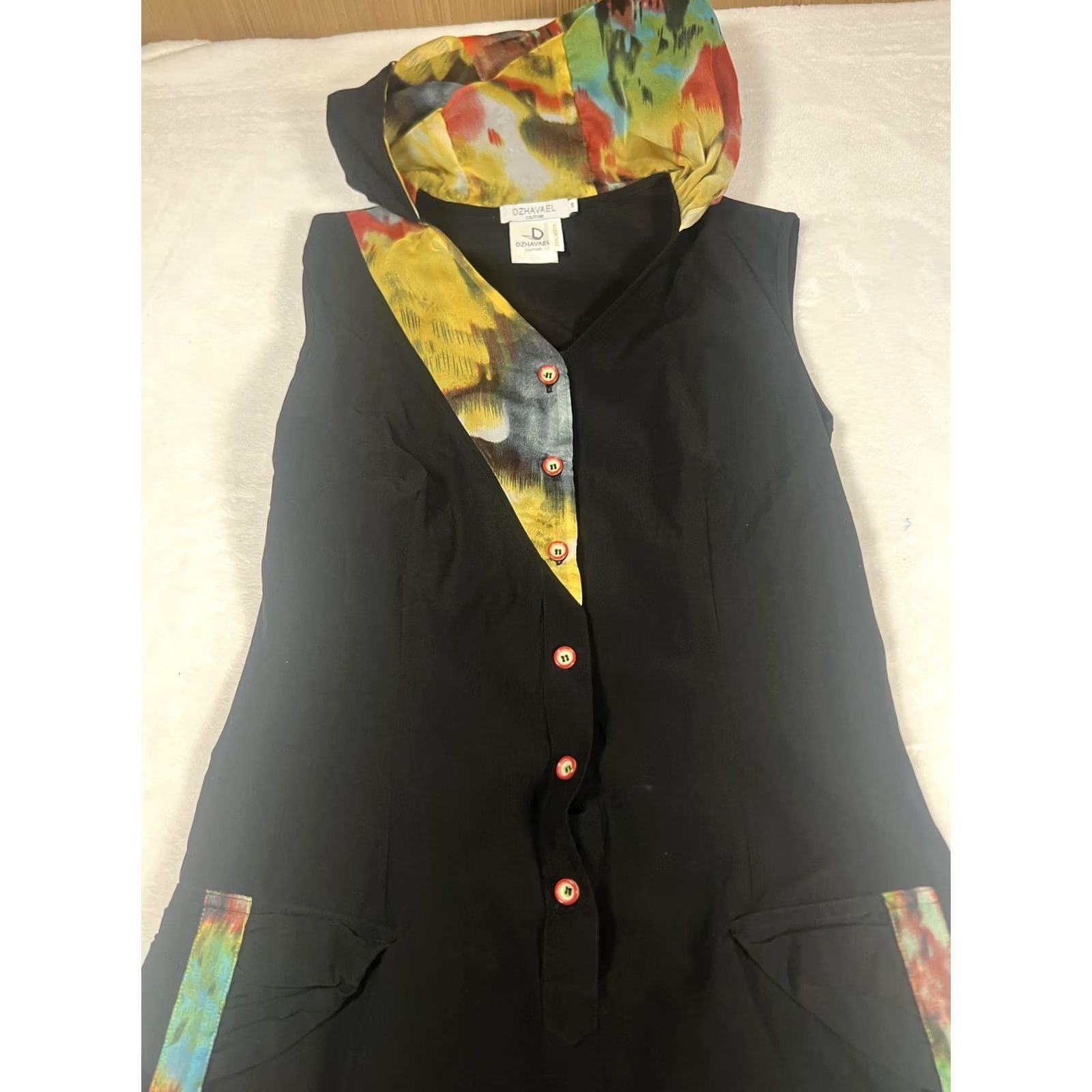 Vintage DZHAVAEL Couture Dress Womens S Black Tie Dye Hooded Sleeveless Ruched Shift dress Size S / US 4 / IT 40 - 4 Thumbnail
