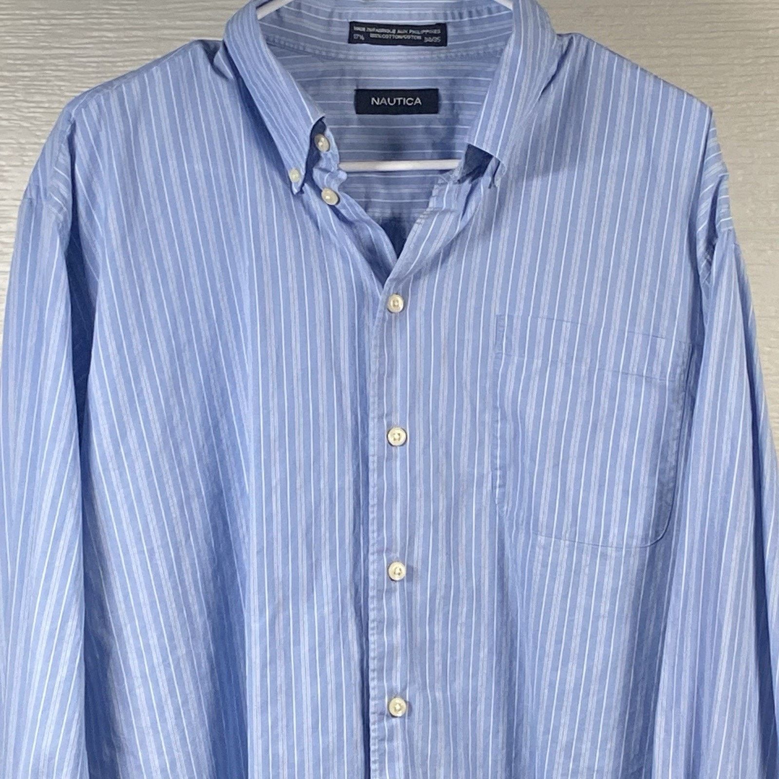 Nautica Nautica Shirt Mens 17.5 34/35 XL Blue Striped Long Sleeve Size US XL / EU 56 / 4 - 2 Thumbnail