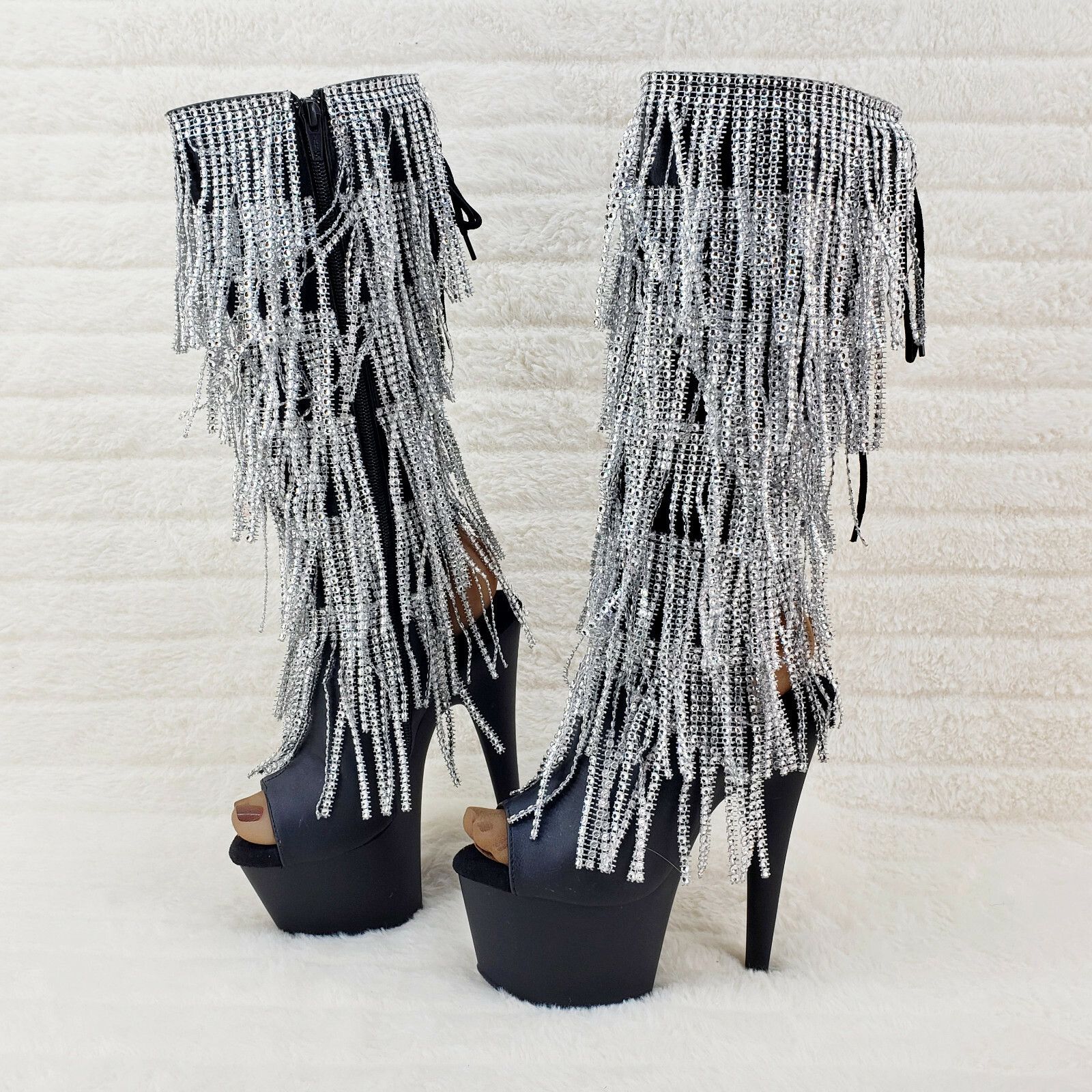 Other Adore 2024 Silver Fringe Black Platform 7" High Heel Fringe Size US 9 / IT 39 - 6 Thumbnail