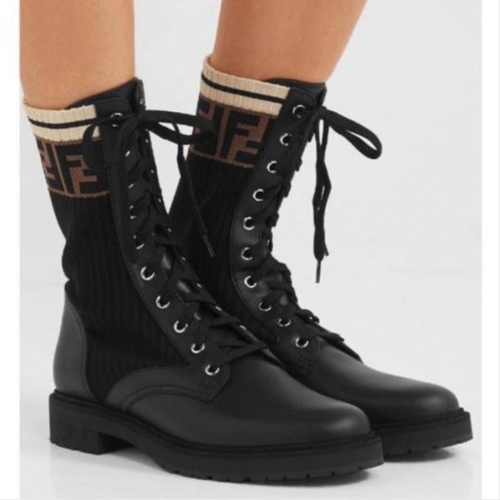 Fendi Rockoko FF logo jacquard stretch knit leather biker boots Size US 11.5 / IT 41.5 - 2 Thumbnail
