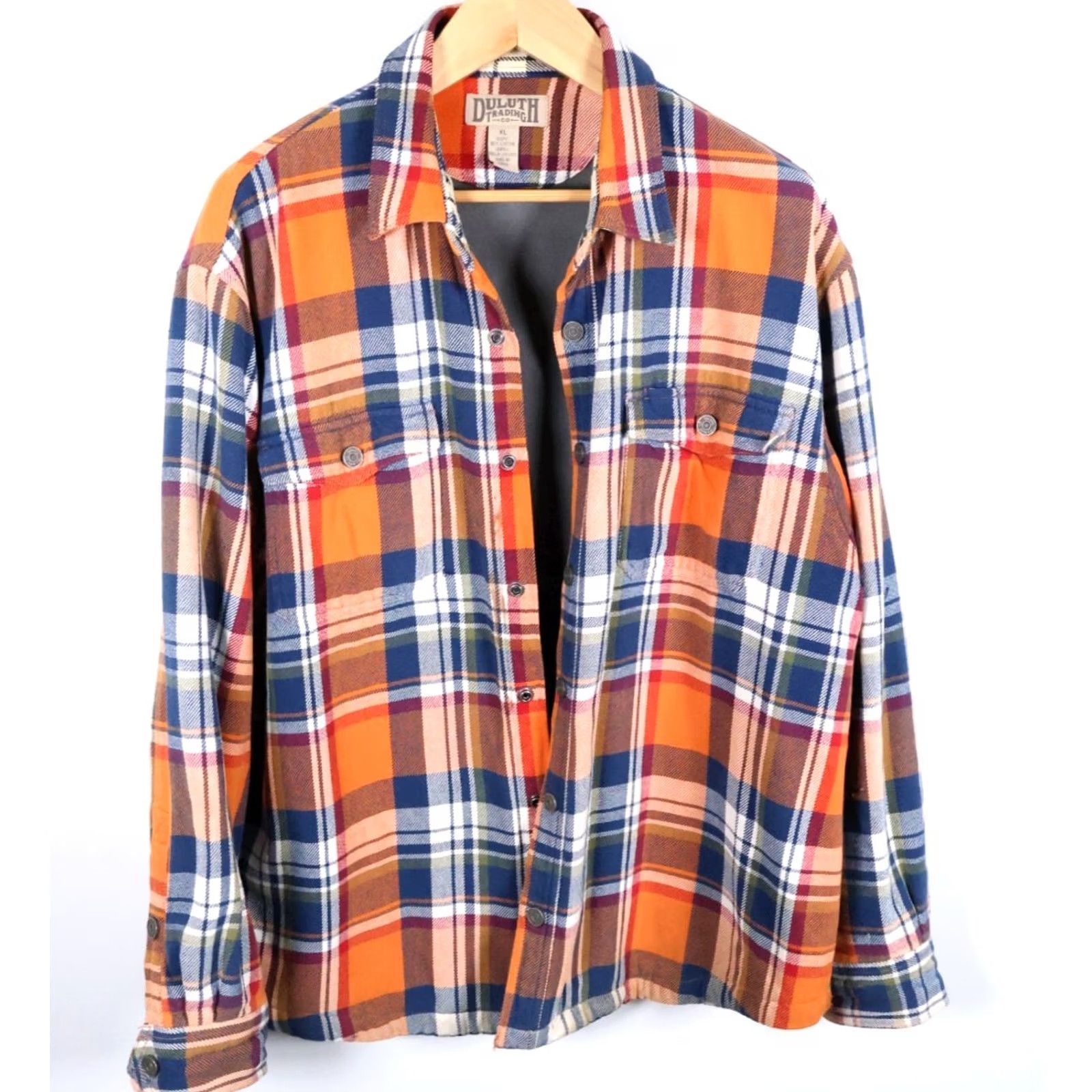 Vintage Duluth Flannel Shirt Jacket Men's XL Orange Blue Plaid Fleece Lined Flapjack Size US XL / EU 56 / 4 - 2 Thumbnail