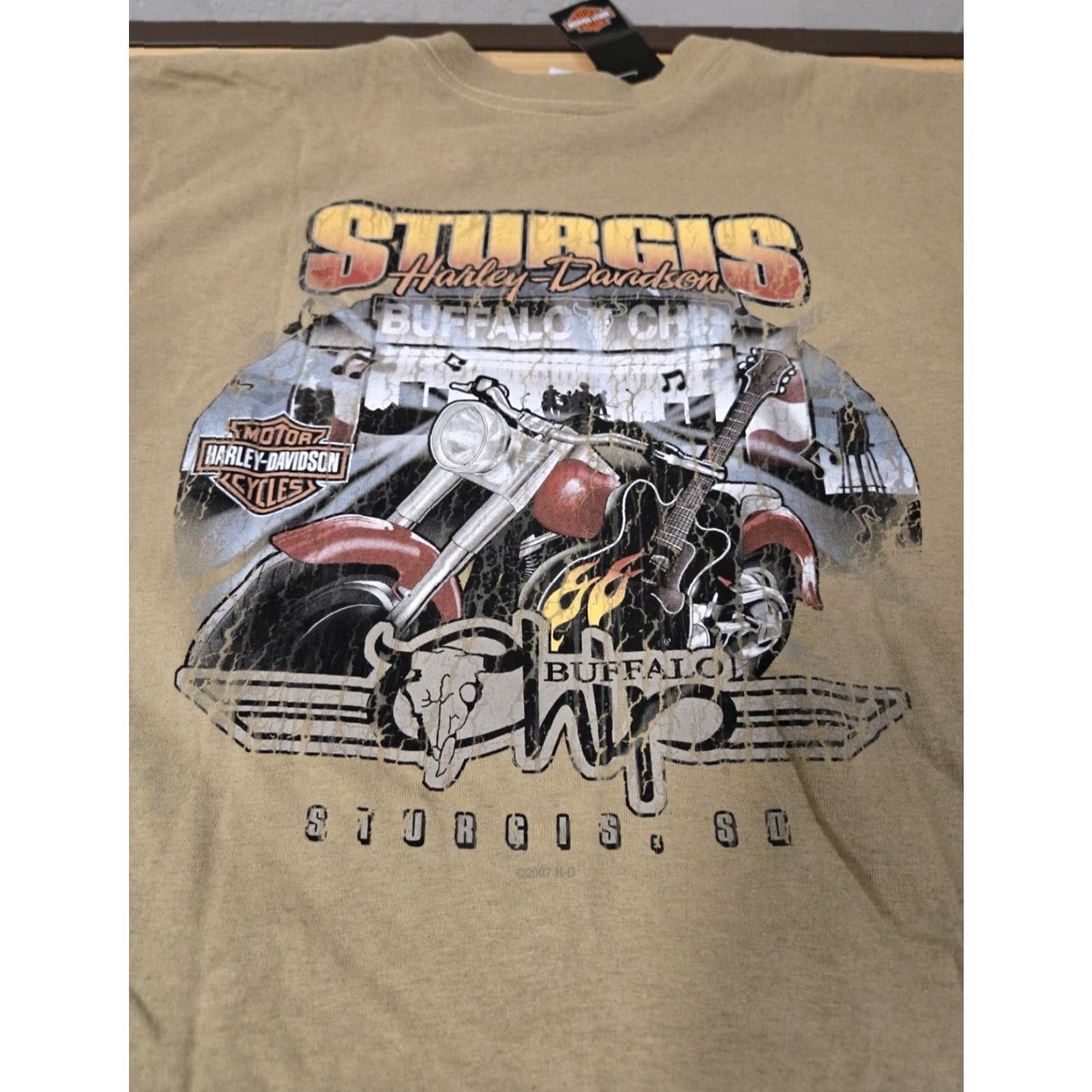 Harley Davidson Harley-Davidson T-Shirt 2X Men Crew Neck Short Sleeve Solid Beige South Dakota Sturgis Biker Motorcycle 2008 Single Stitch Shirt Size US XXL / EU 58 / 5 - 7 Thumbnail