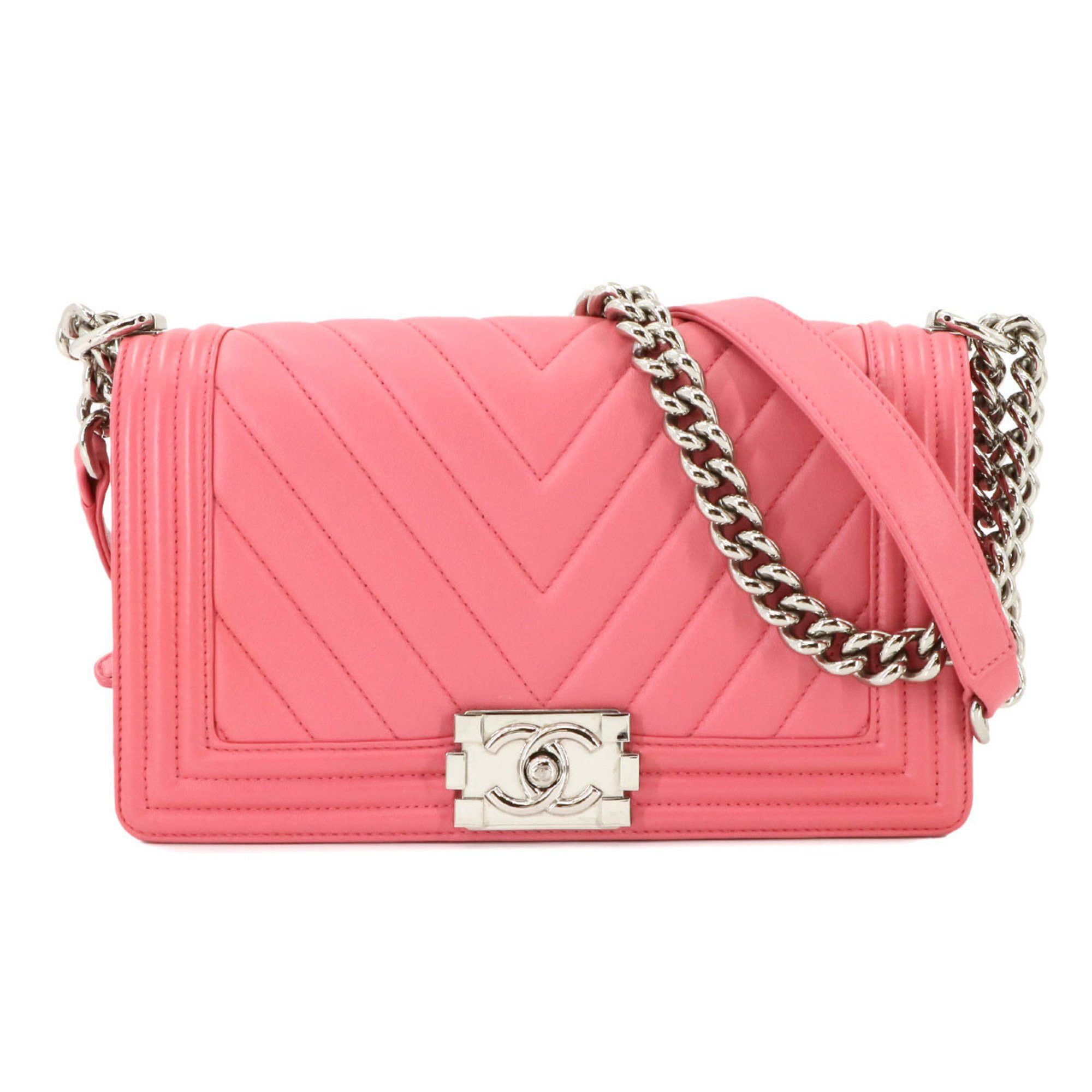 Chanel Boy Chanel Chain Shoulder Bag Leather Pink A67086 Chevron V Stitch Silver Metal Fittings, Women's