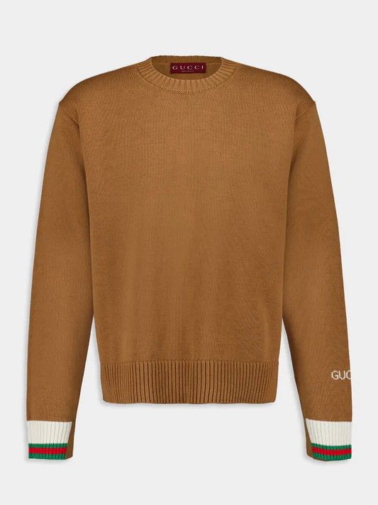 o1loc1c0925 Cotton Sweater With Gucci Intarsia in Camel
