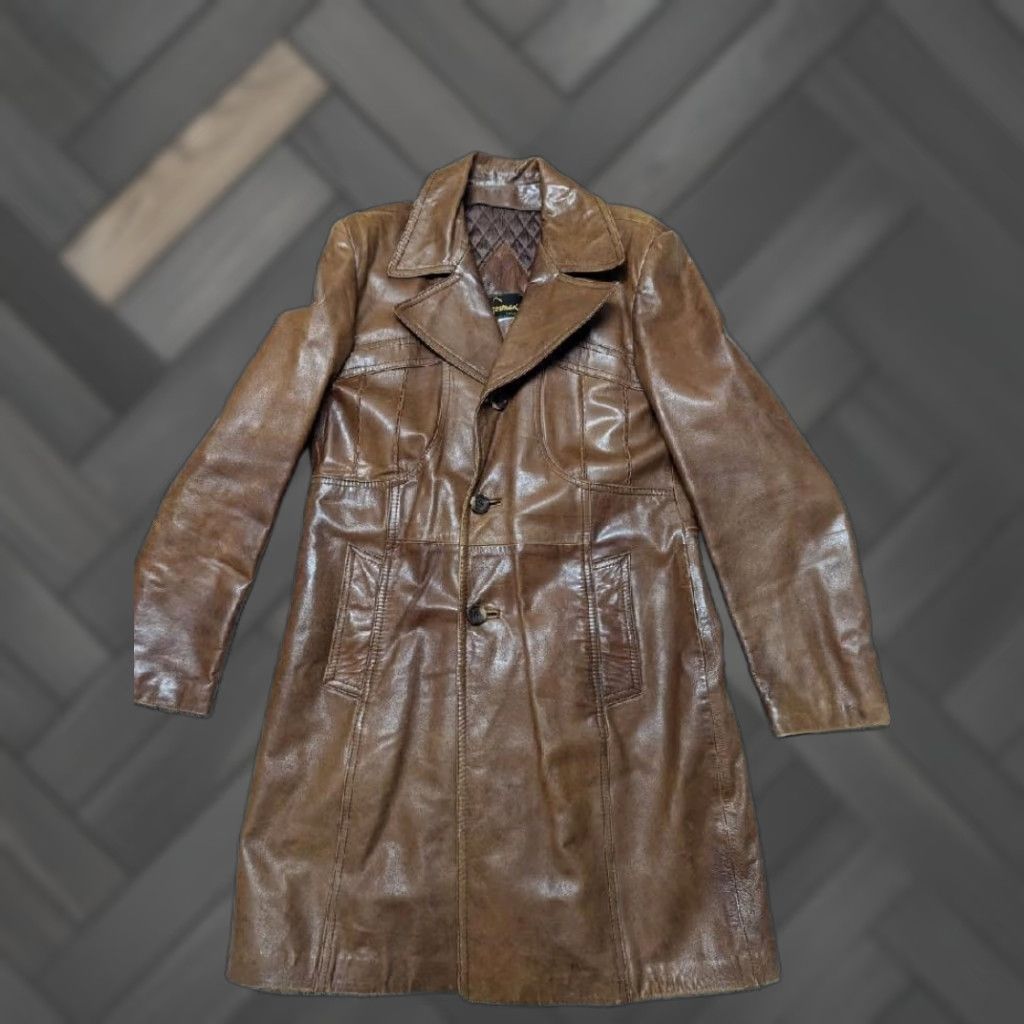 Vintage VINTAGE brown leather overcoat Mens 40 long SHERLOCK cortefiel Furmans Lambskin? Size US M / EU 48-50 / 2 - 1 Thumbnail