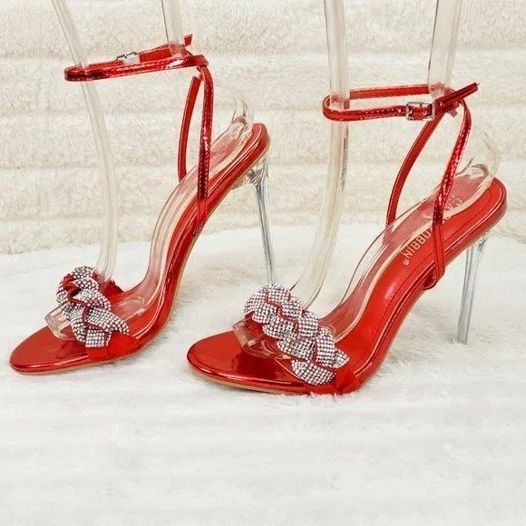 Other Eva Red Metallic Braided Rhinestone Stiletto Heel Wrap Strap Size US 8 / IT 38 - 2 Thumbnail