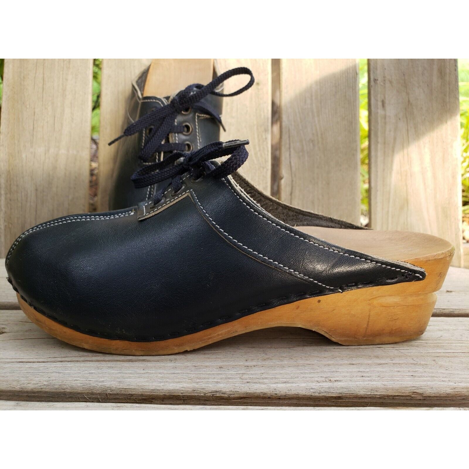 Vintage 70s Leather Wood Clogs Womens Sz 6 Blue Mules Festival Vinta Size US 6 / IT 36 - 2 Thumbnail