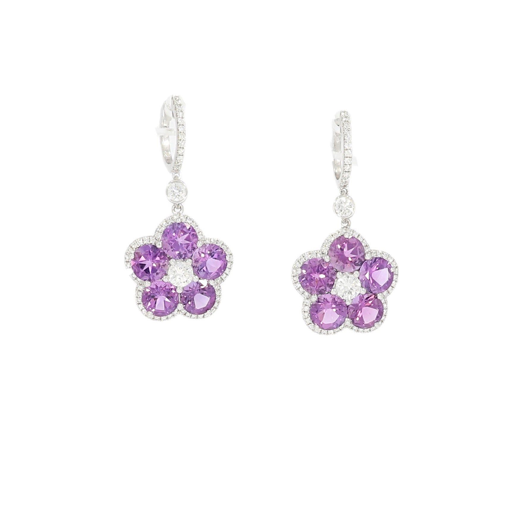 image of Vintage Pair Of 750 White Gold Flower Earrings Set With Amethysts Enhanced With Brilliant-Cut Diamo