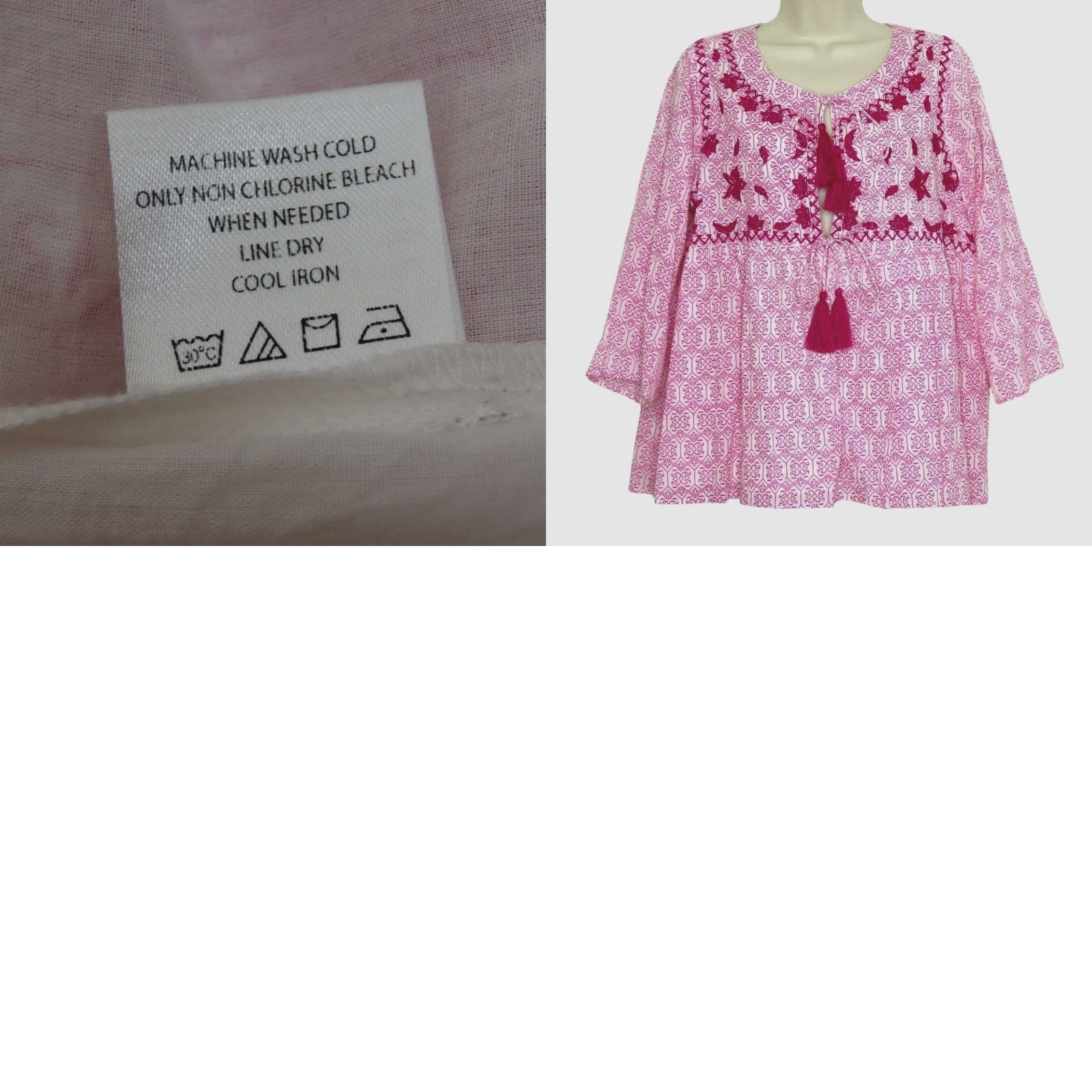 Pinko Hazel Women Large Pink Embroidered Keyhole Blouse Tassels Shirt Top Tunic Blouse Size L / US 10 / IT 46 - 8 Thumbnail