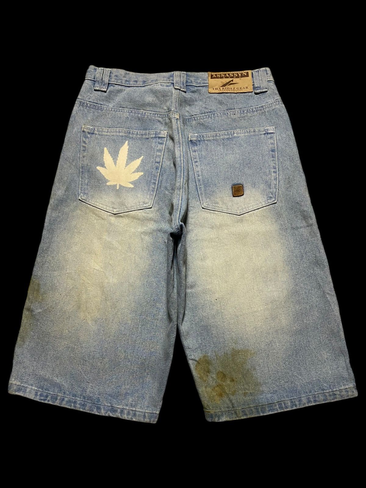 Bob Marley Baggy Vintage Hemp Blue Denim Shorts With Unique Stains Find Size US 31 - 1 Thumbnail