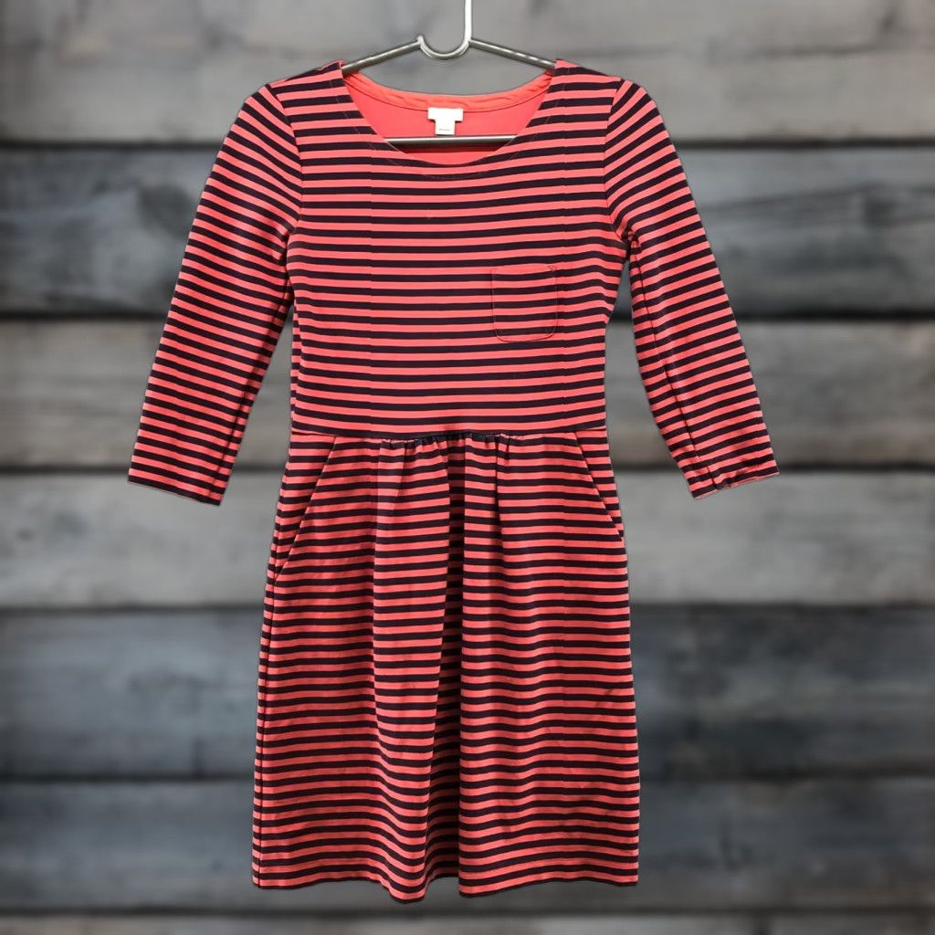 J.Crew J.CREW Dress Striped 3/4 Sleeve Knit A-Line Knee Length Coral Navy Size 0 Womens Size XS / US 0-2 / IT 36-38 - 1 Thumbnail