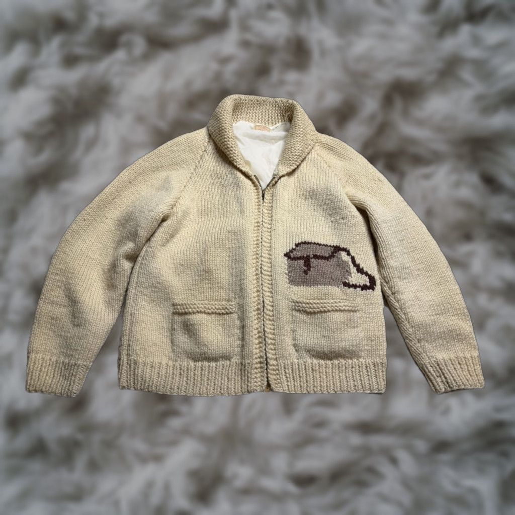 VINTAGE Cowichan Hand Knit Zip up Sweater Fishing Salmon Trout Basket M Beige 1950s Knit Rockabilly Mens