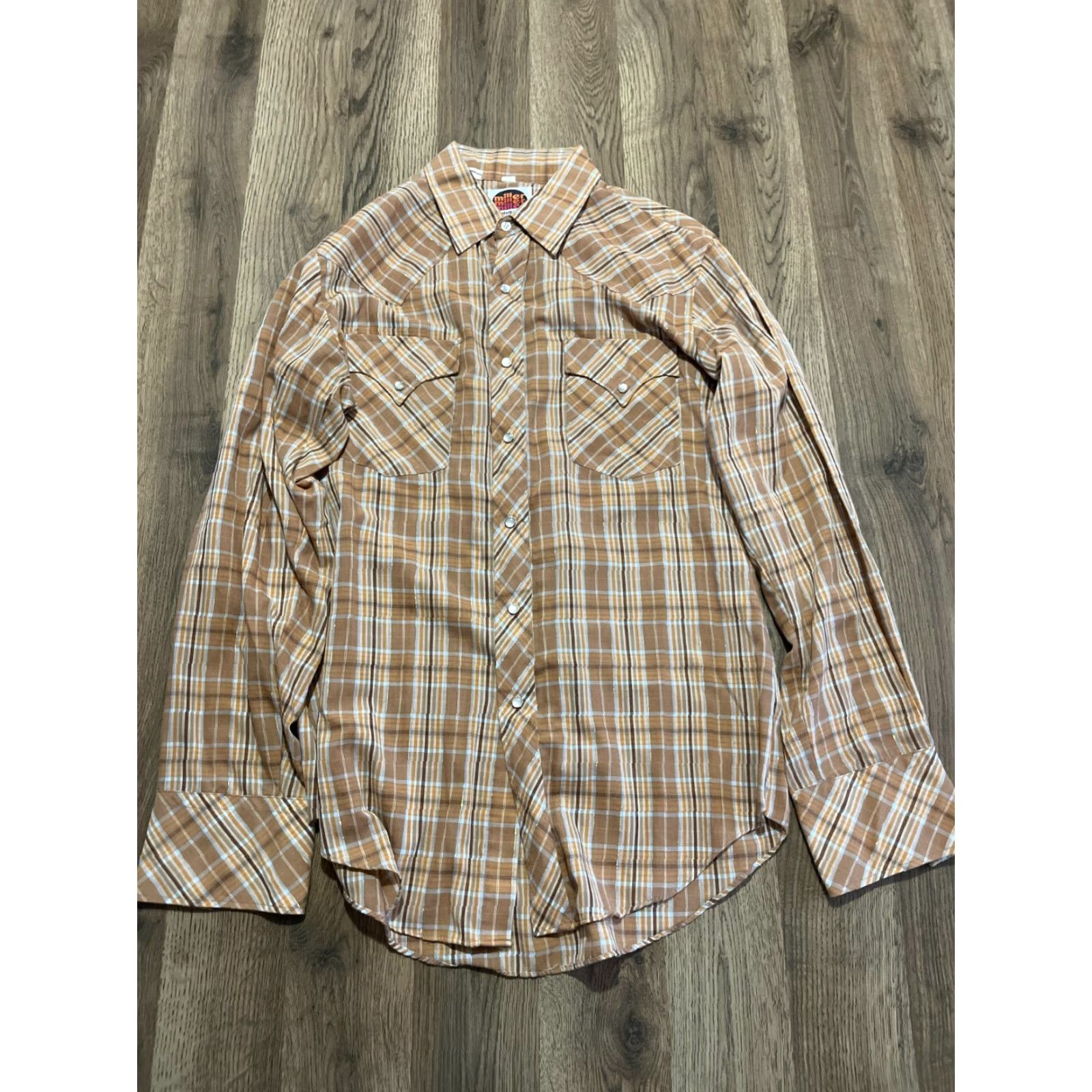 Vintage Miller Shirt Men's Size 16-35 Orange Brown Plaid Western Button Up Shirt, Casual, Regular Fit, Long Sleeve, Collared, Fall Spring Summer, Mens Size XXL / US 16-18 / IT 52-54 - 2 Thumbnail